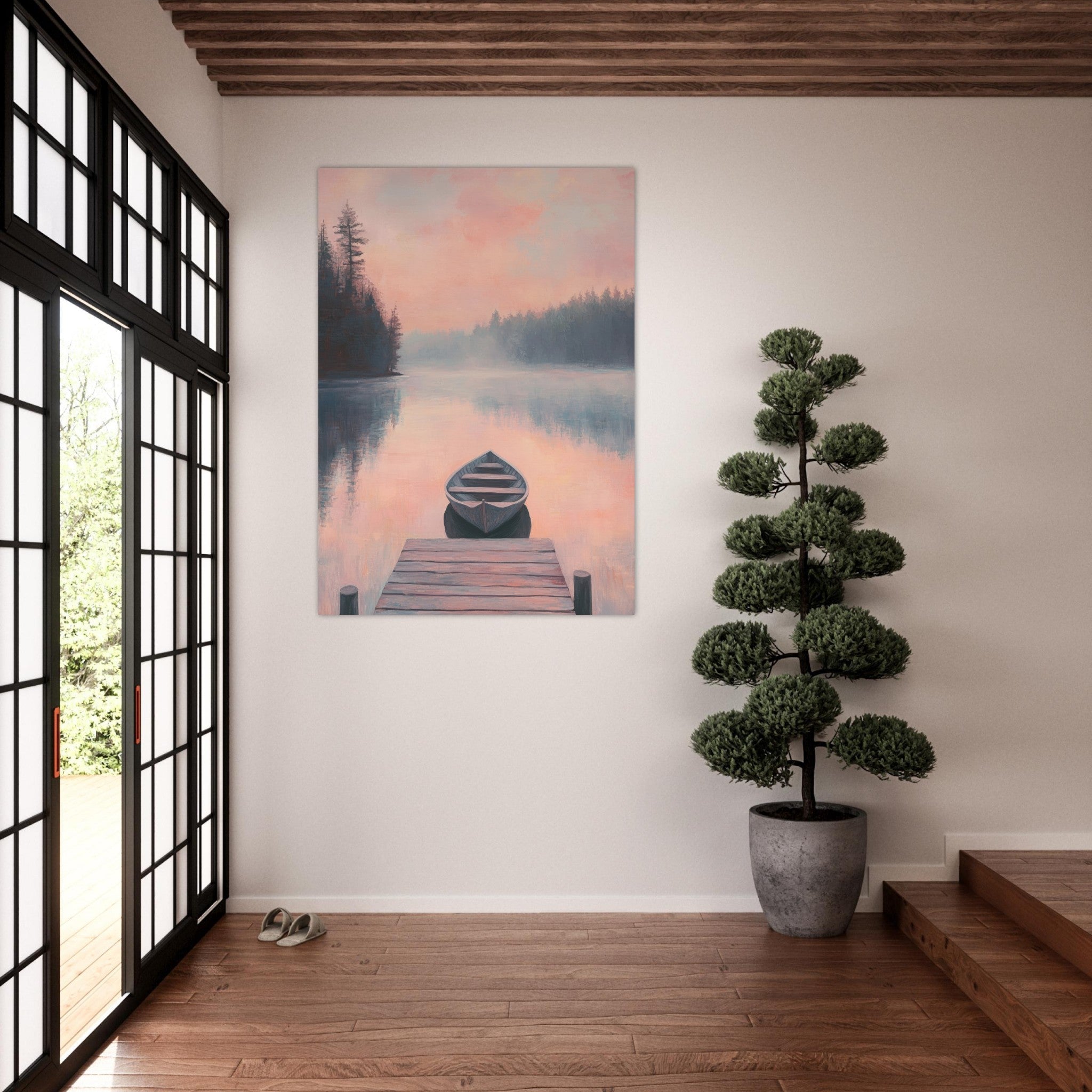 Fine Art Poster Portrait - Serene Lake with Rowboats A tranquil lake 3 - Shop Ai Art WebShop - Digital Art online Store
