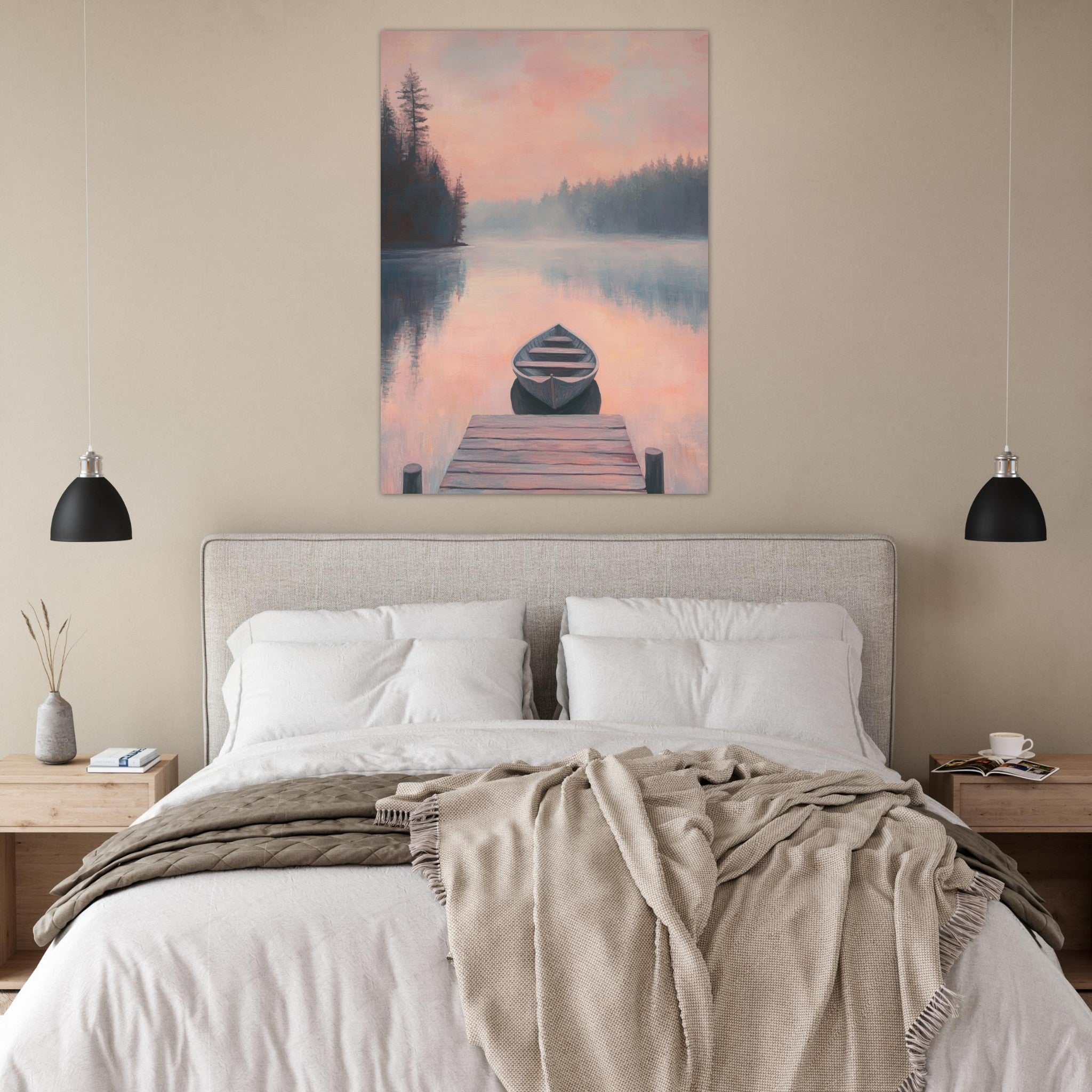 Fine Art Poster Portrait - Serene Lake with Rowboats A tranquil lake 3 - Shop Ai Art WebShop - Digital Art online Store