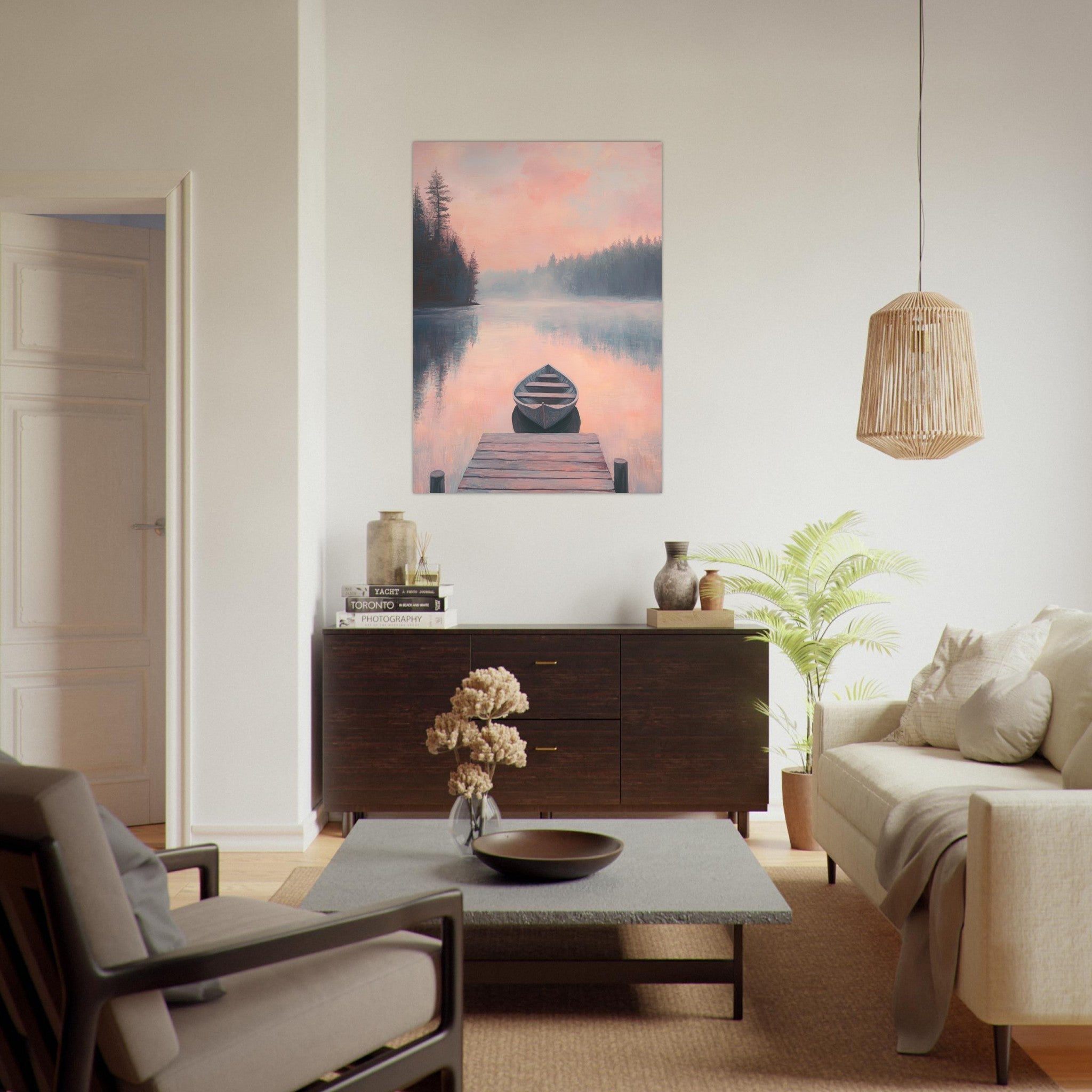 Fine Art Poster Portrait - Serene Lake with Rowboats A tranquil lake 3 - Shop Ai Art WebShop - Digital Art online Store