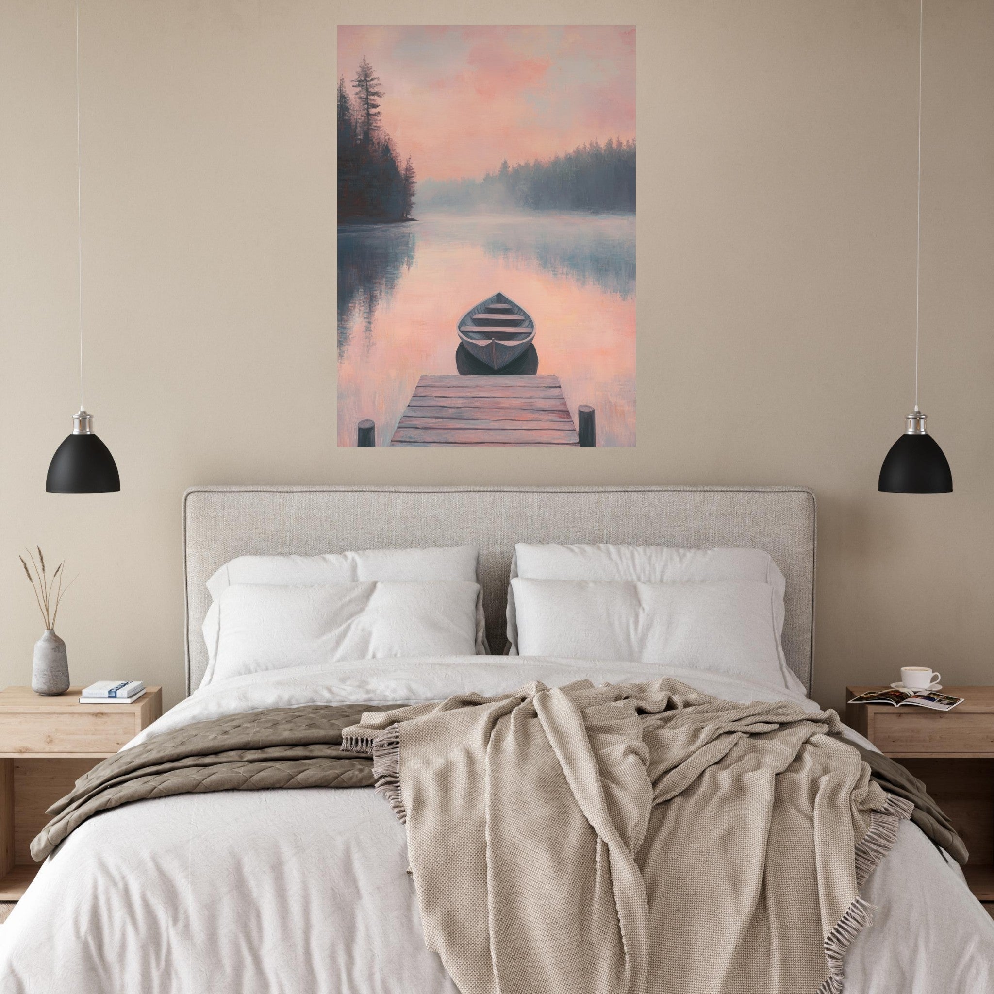 Fine Art Poster Portrait - Serene Lake with Rowboats A tranquil lake 3 - Shop Ai Art WebShop - Digital Art online Store