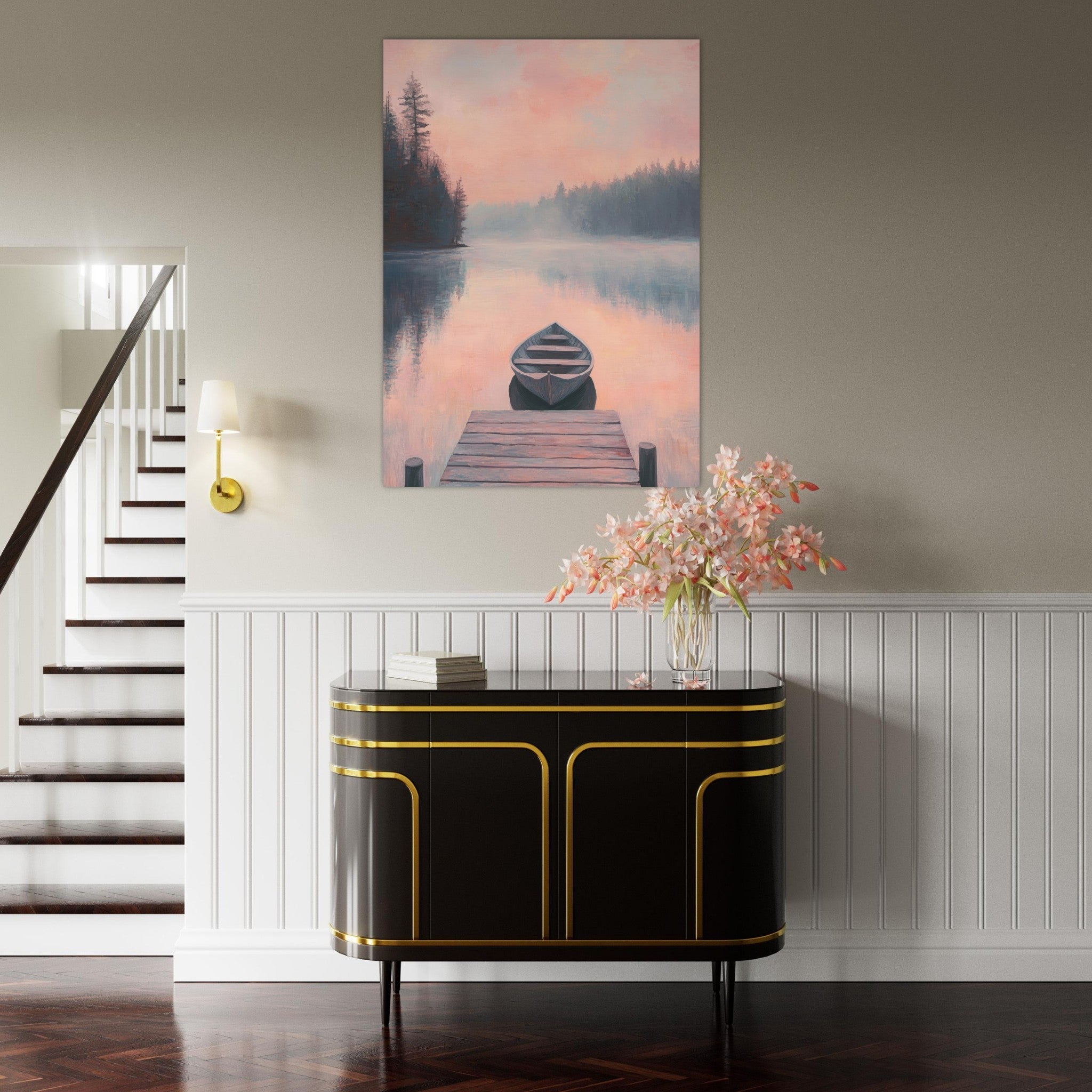 Fine Art Poster Portrait - Serene Lake with Rowboats A tranquil lake 3 - Shop Ai Art WebShop - Digital Art online Store