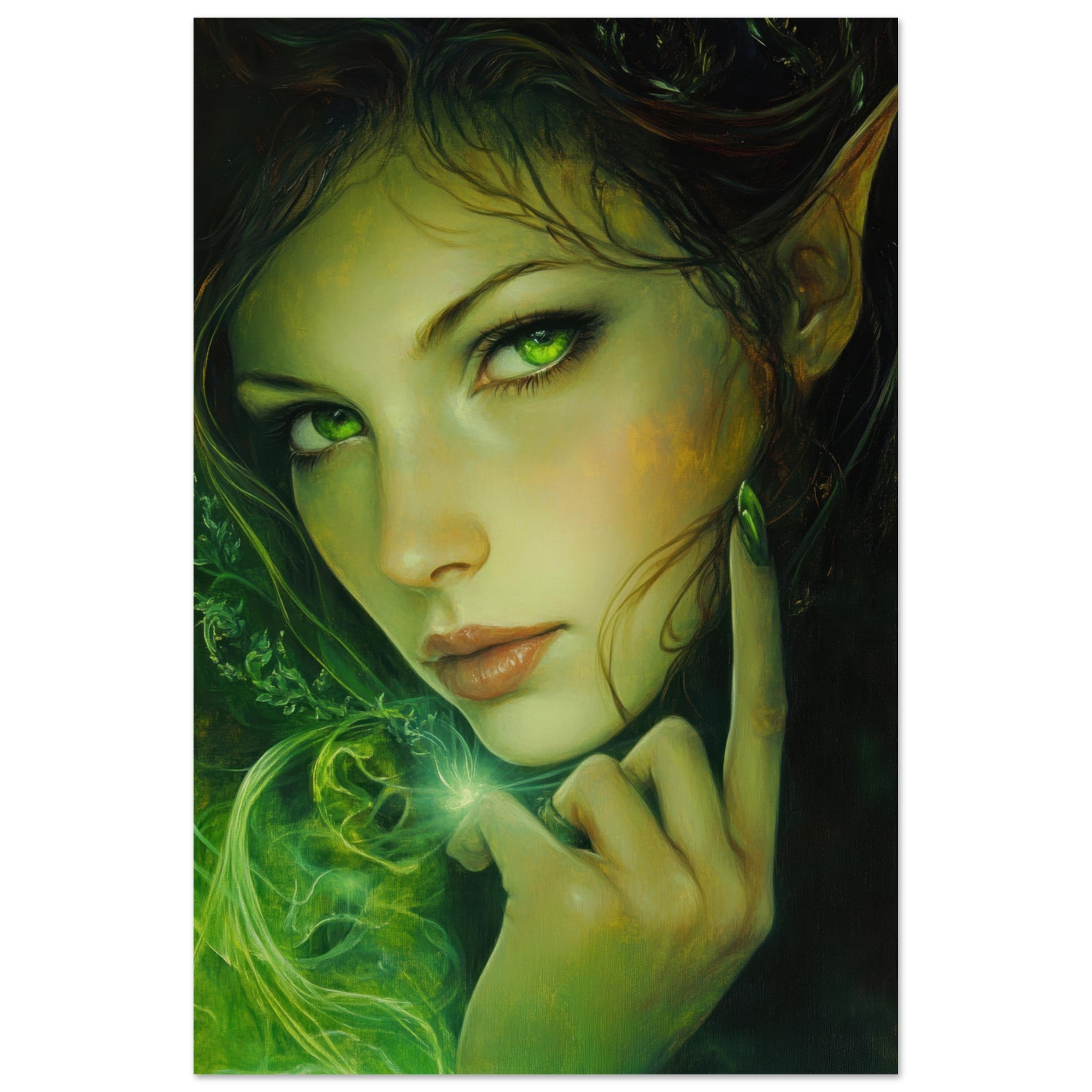Fine Art Poster Portrait - The Fae Sorceress of the Emerald Woods Oil Faint - Shop Ai Art WebShop - Digital Art online Store