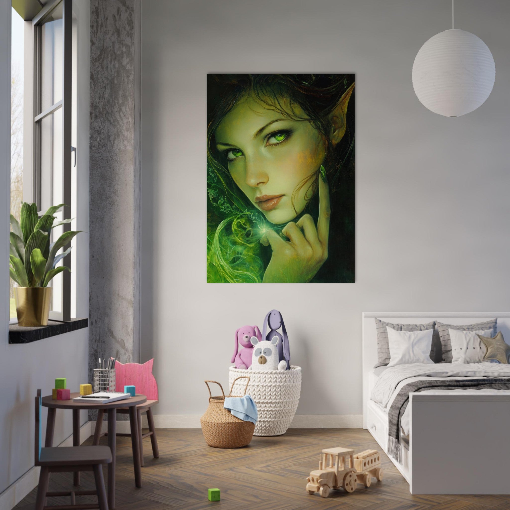 Fine Art Poster Portrait - The Fae Sorceress of the Emerald Woods Oil Faint - Shop Ai Art WebShop - Digital Art online Store