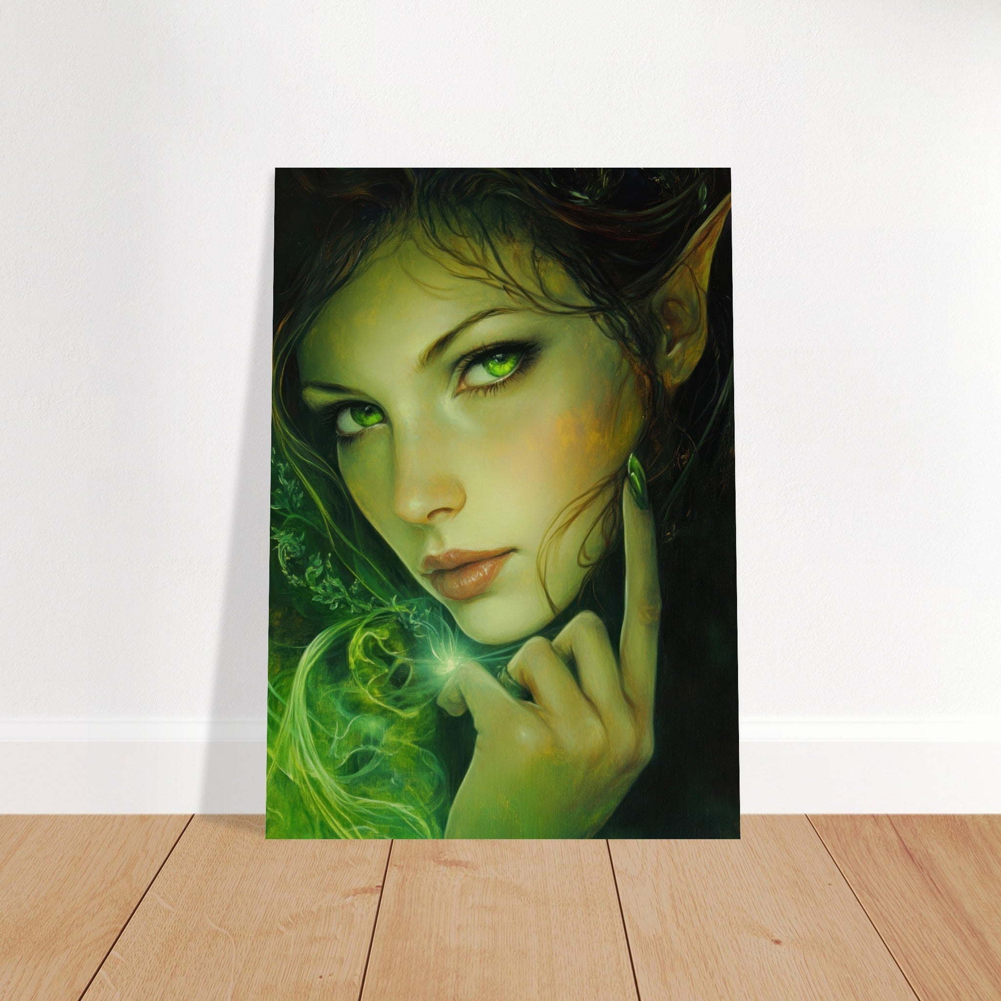 Fine Art Poster Portrait - The Fae Sorceress of the Emerald Woods Oil Faint - Shop Ai Art WebShop - Digital Art online Store