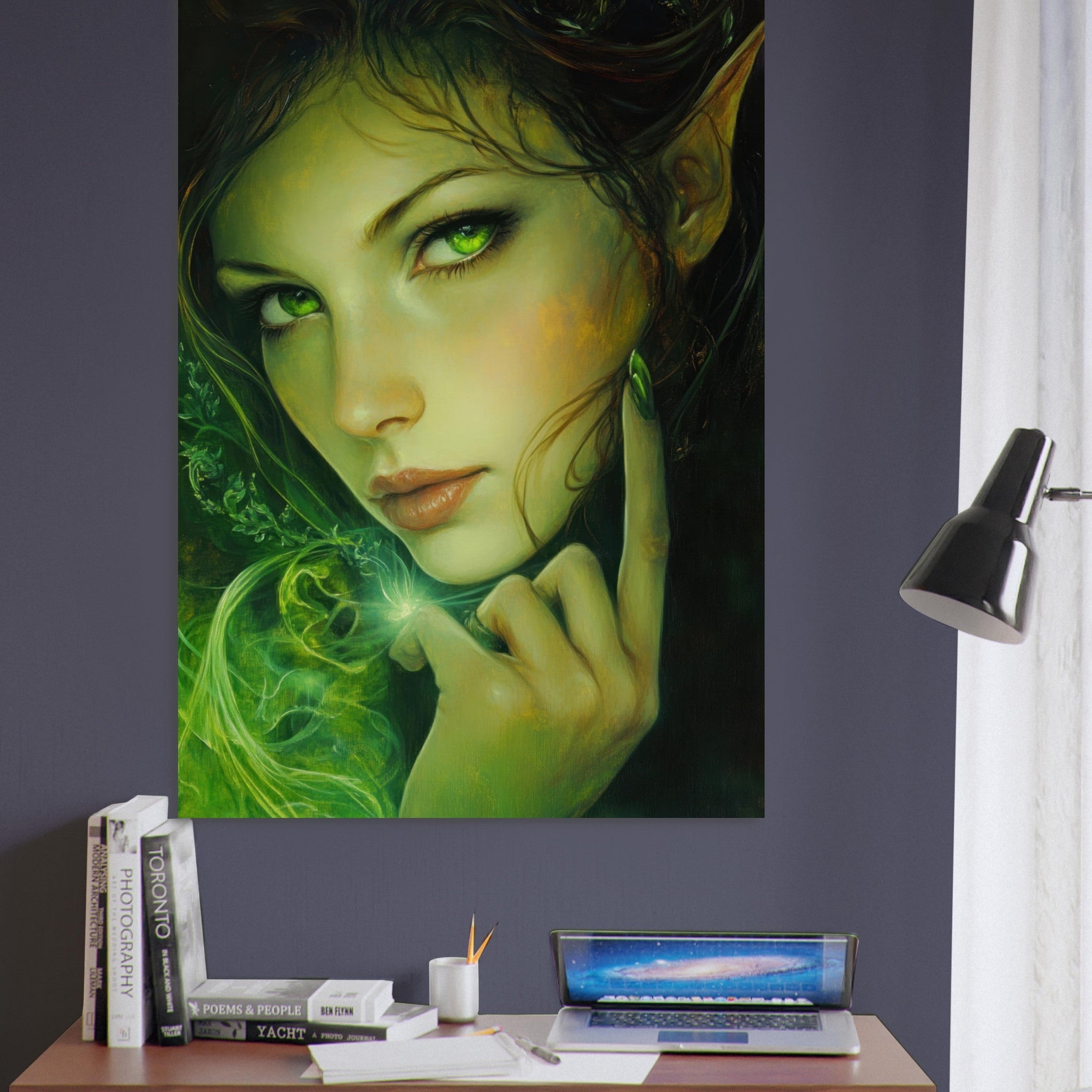 Fine Art Poster Portrait - The Fae Sorceress of the Emerald Woods Oil Faint - Shop Ai Art WebShop - Digital Art online Store