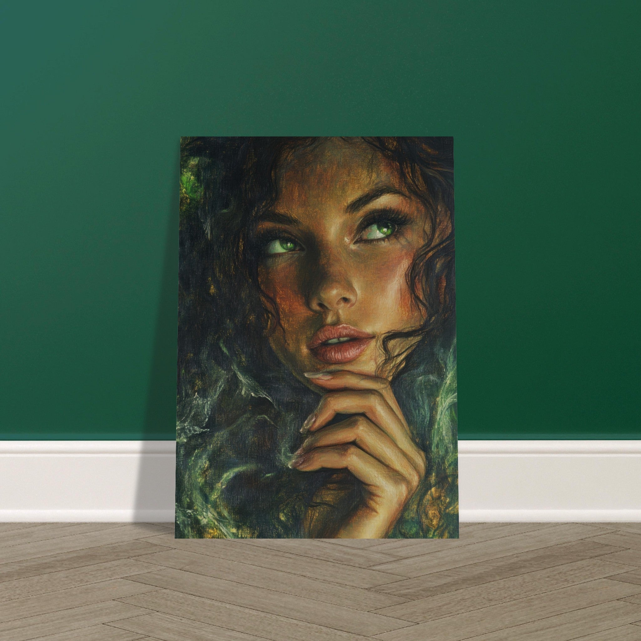 Fine Art Poster Portrait - The Fae Sorceress of the Emerald Woods Oil Faint 3 - Shop Ai Art WebShop - Digital Art online Store