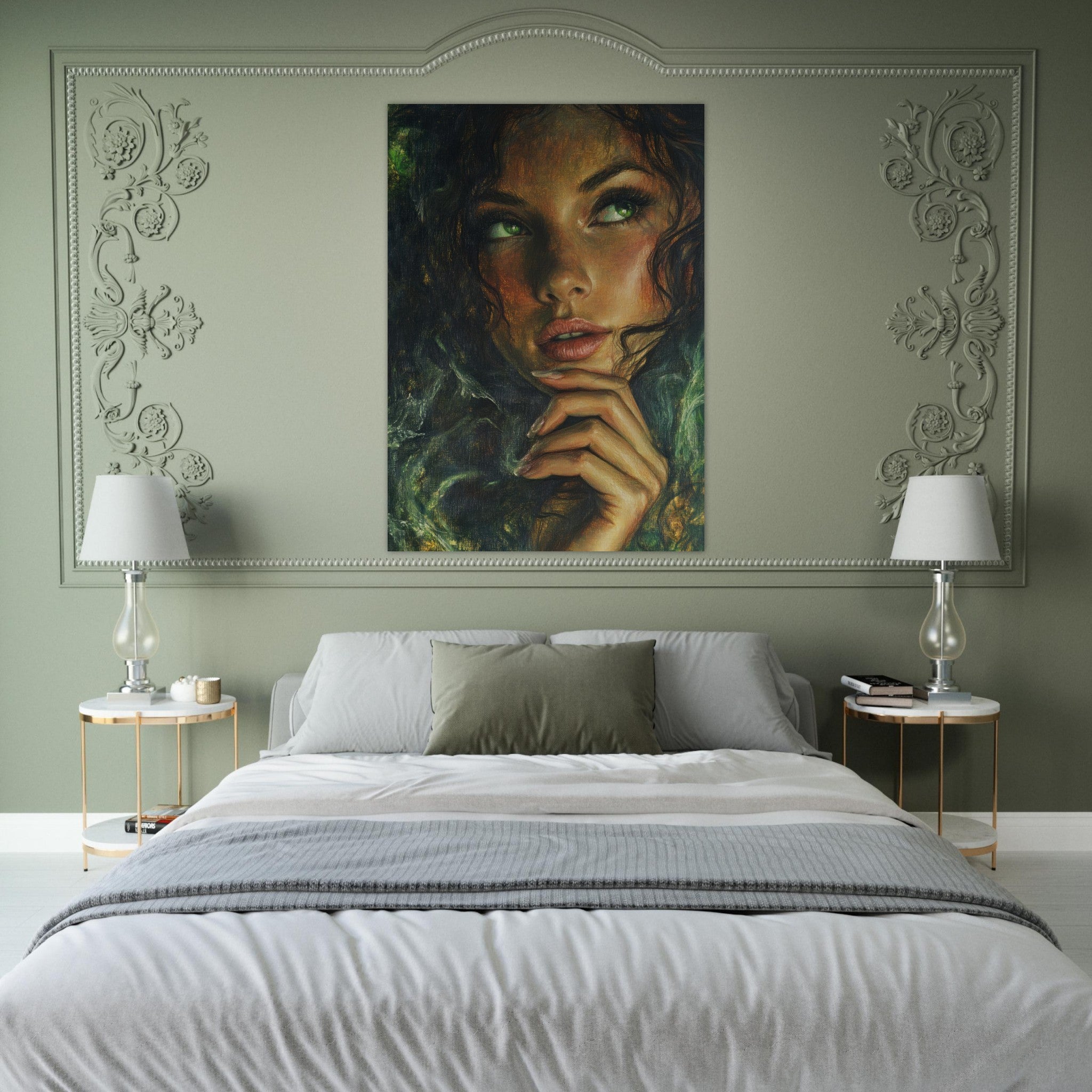 Fine Art Poster Portrait - The Fae Sorceress of the Emerald Woods Oil Faint 3 - Shop Ai Art WebShop - Digital Art online Store