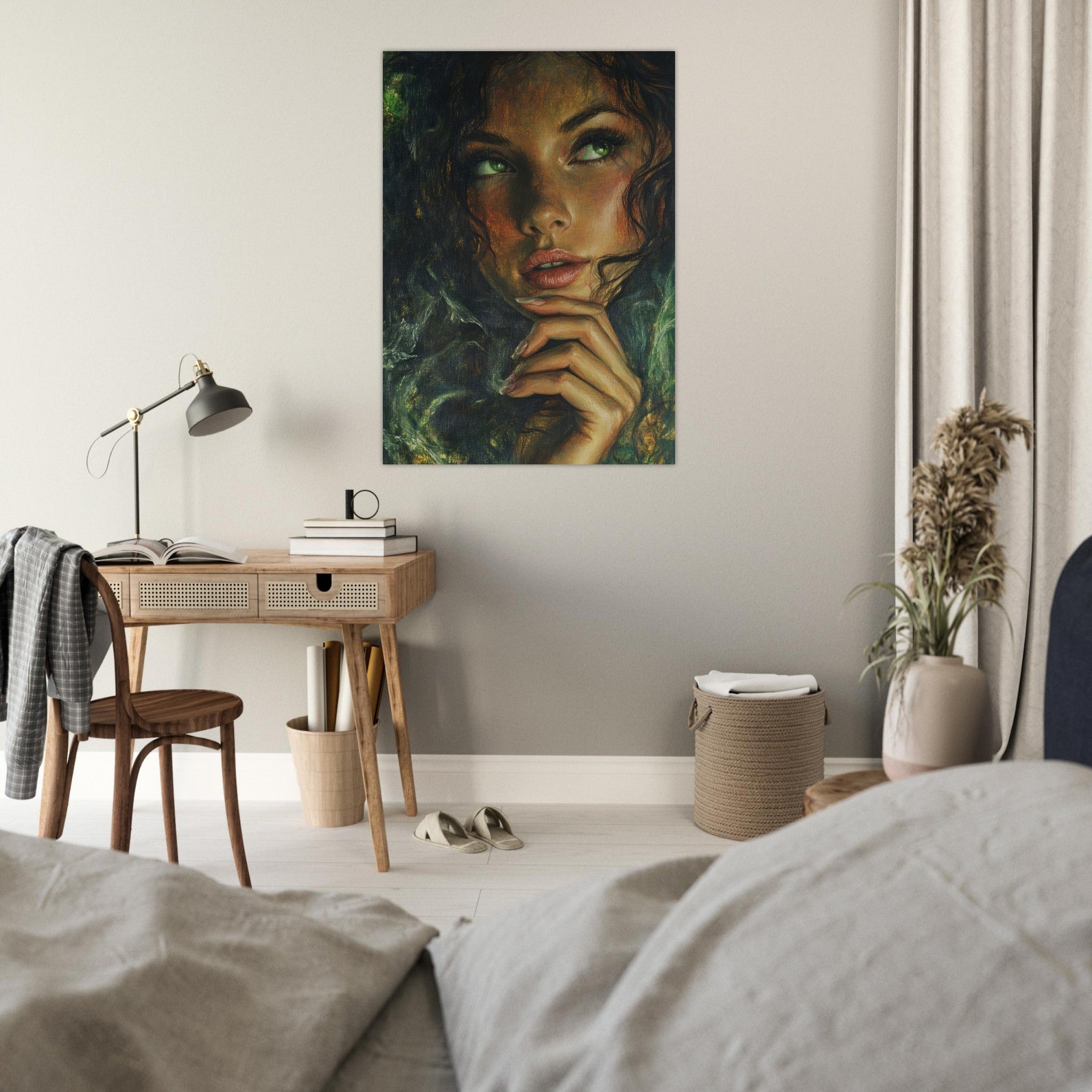 Fine Art Poster Portrait - The Fae Sorceress of the Emerald Woods Oil Faint 3 - Shop Ai Art WebShop - Digital Art online Store