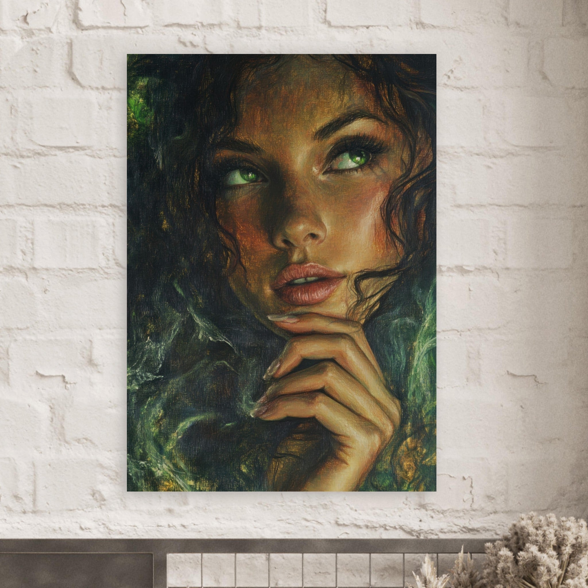 Fine Art Poster Portrait - The Fae Sorceress of the Emerald Woods Oil Faint 3 - Shop Ai Art WebShop - Digital Art online Store