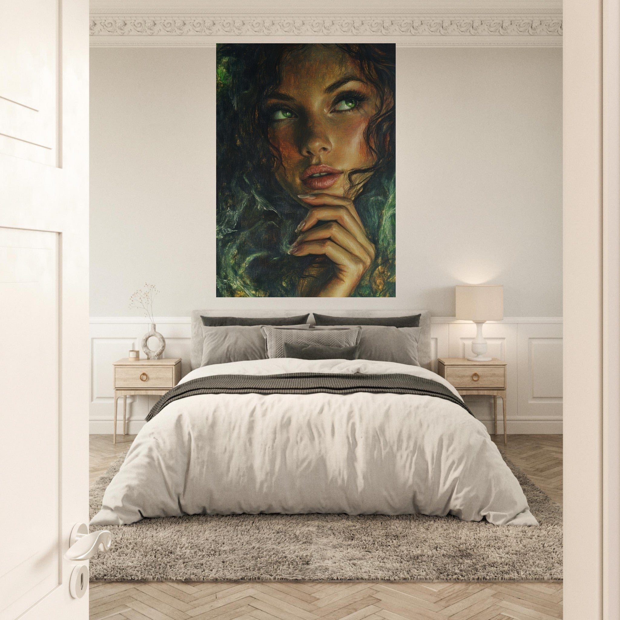Fine Art Poster Portrait - The Fae Sorceress of the Emerald Woods Oil Faint 3 - Shop Ai Art WebShop - Digital Art online Store