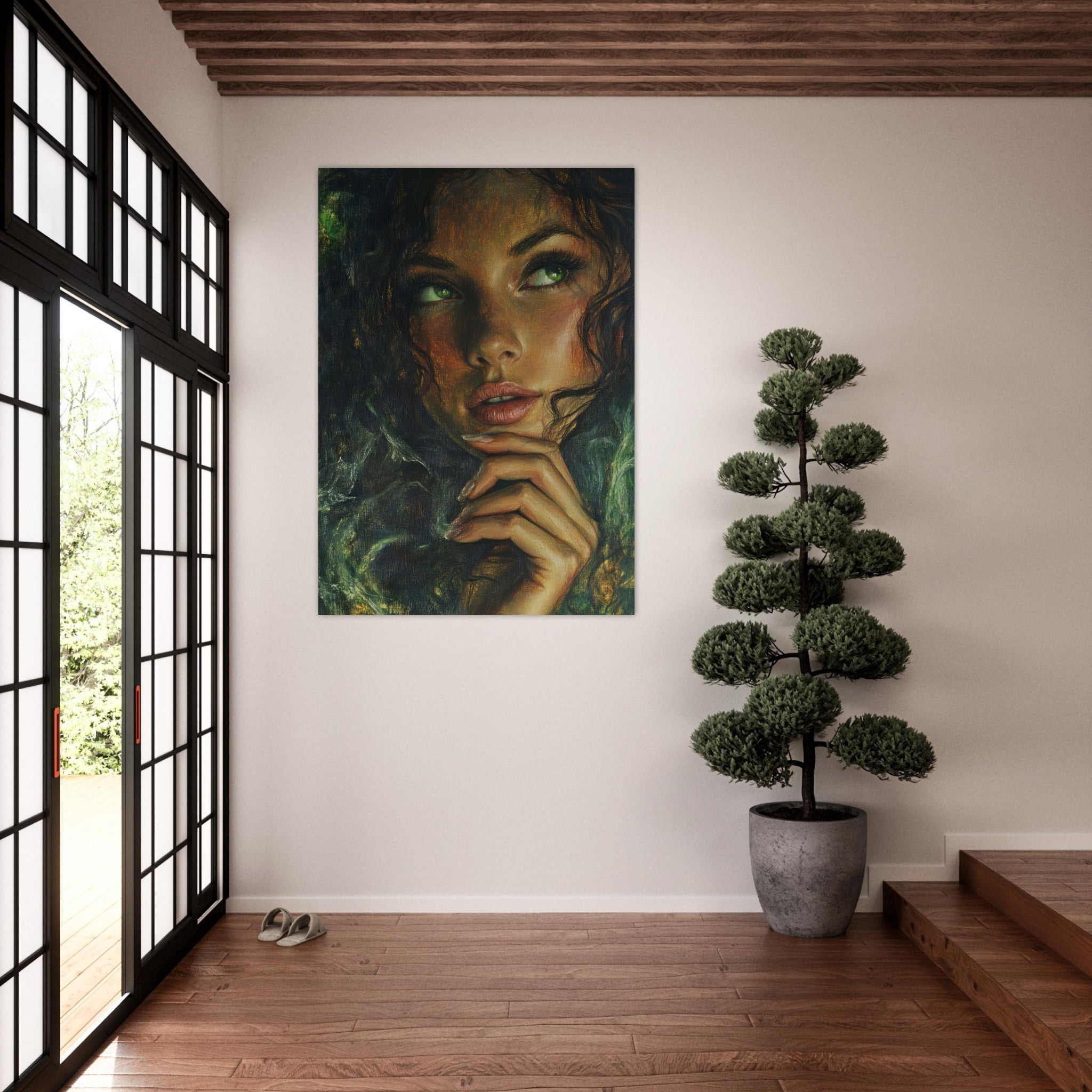 Fine Art Poster Portrait - The Fae Sorceress of the Emerald Woods Oil Faint 3 - Shop Ai Art WebShop - Digital Art online Store
