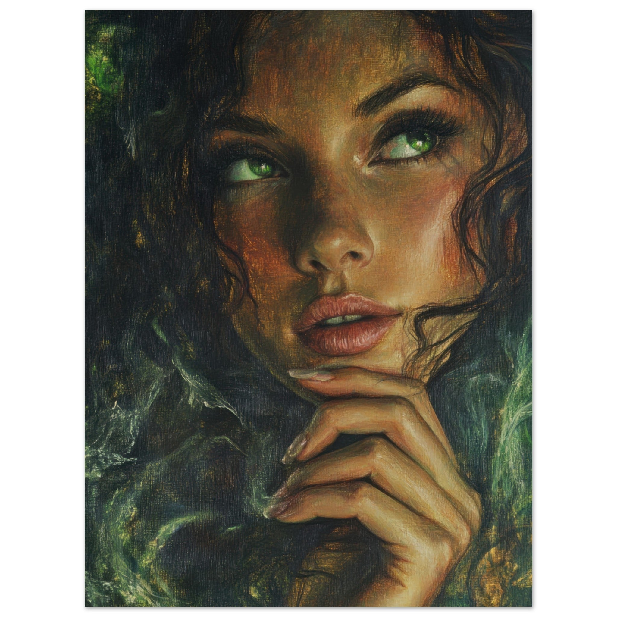 Fine Art Poster Portrait - The Fae Sorceress of the Emerald Woods Oil Faint 3 - Shop Ai Art WebShop - Digital Art online Store