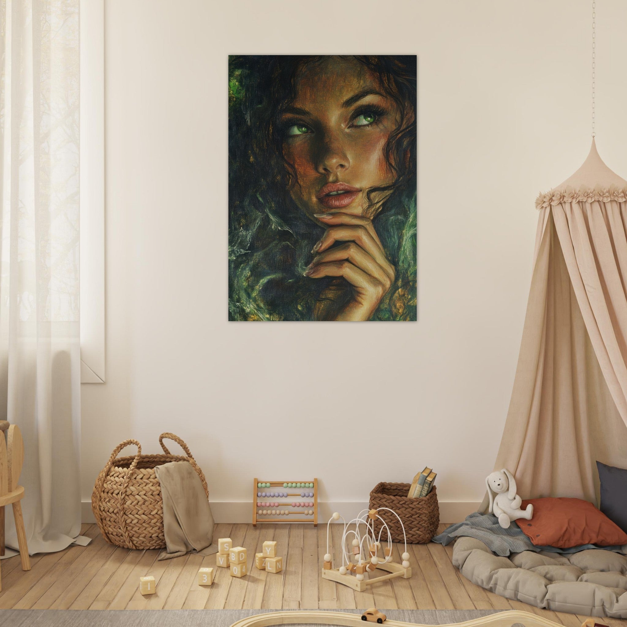 Fine Art Poster Portrait - The Fae Sorceress of the Emerald Woods Oil Faint 3 - Shop Ai Art WebShop - Digital Art online Store