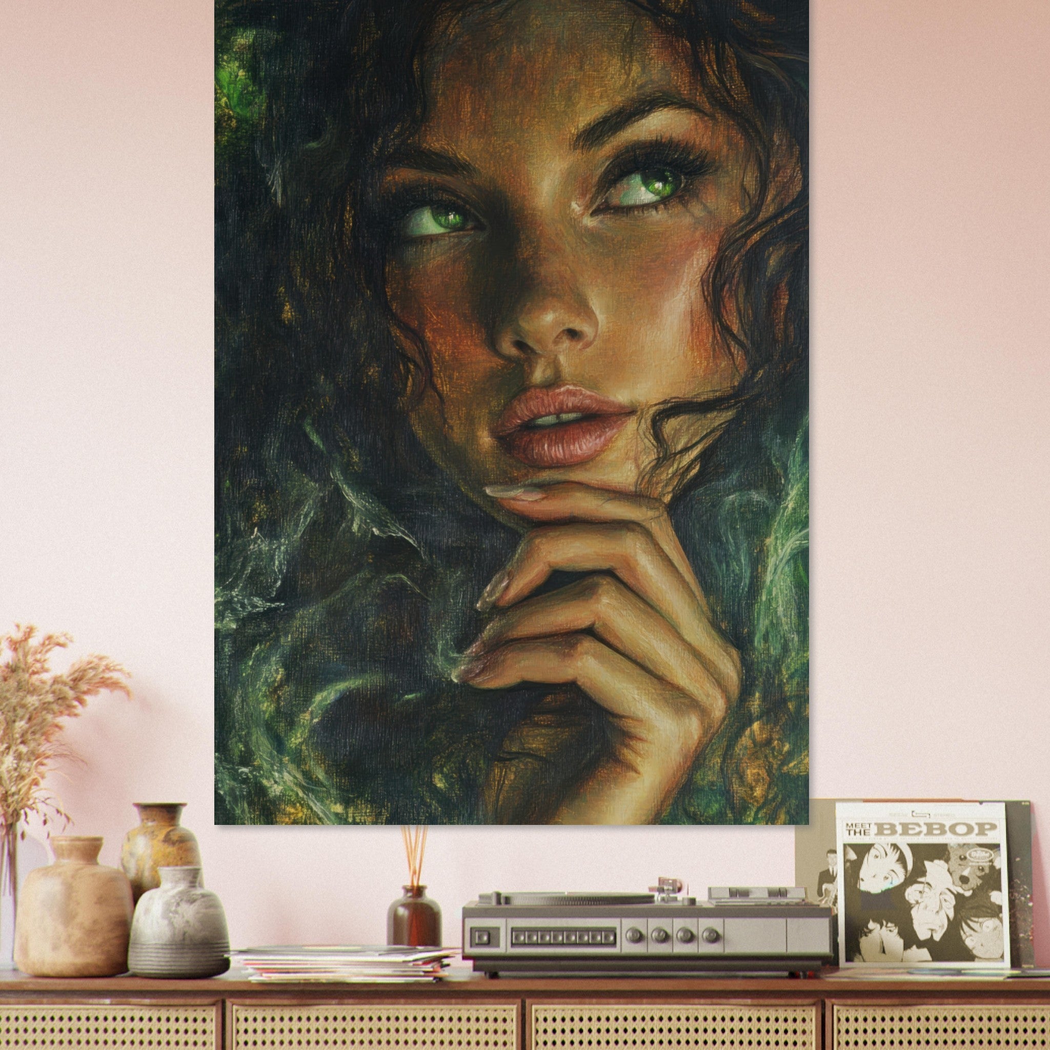 Fine Art Poster Portrait - The Fae Sorceress of the Emerald Woods Oil Faint 3 - Shop Ai Art WebShop - Digital Art online Store