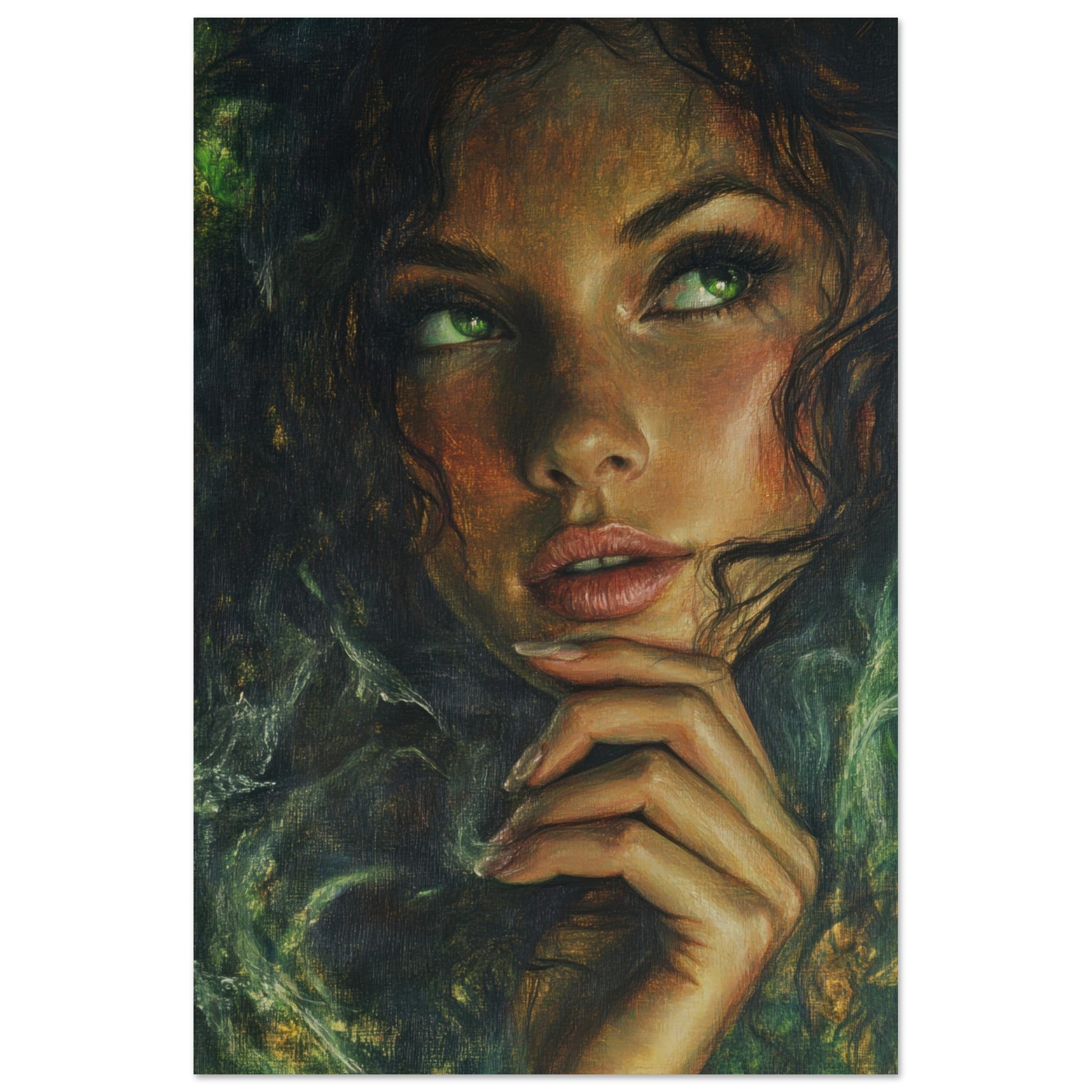 Fine Art Poster Portrait - The Fae Sorceress of the Emerald Woods Oil Faint 3 - Shop Ai Art WebShop - Digital Art online Store