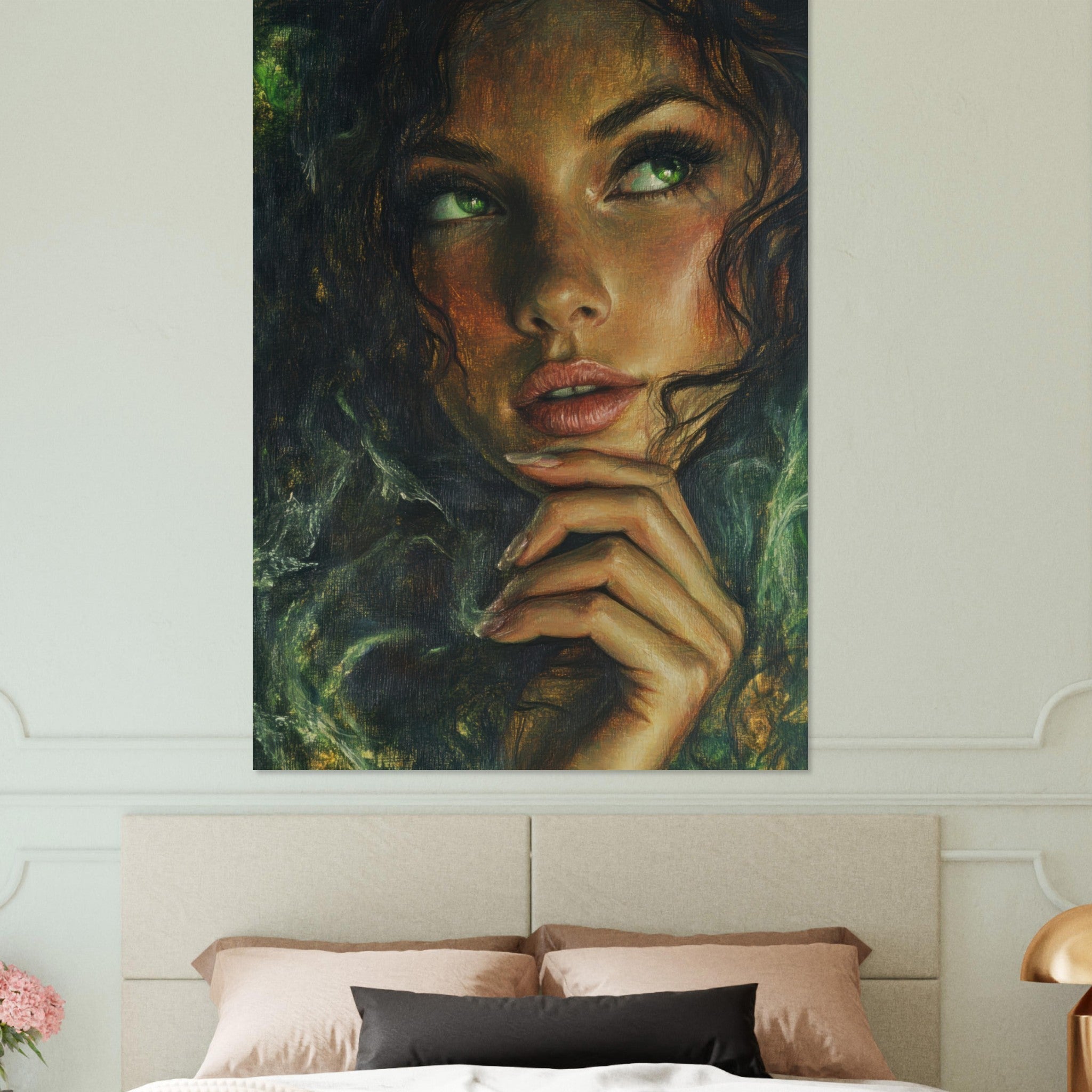 Fine Art Poster Portrait - The Fae Sorceress of the Emerald Woods Oil Faint 3 - Shop Ai Art WebShop - Digital Art online Store