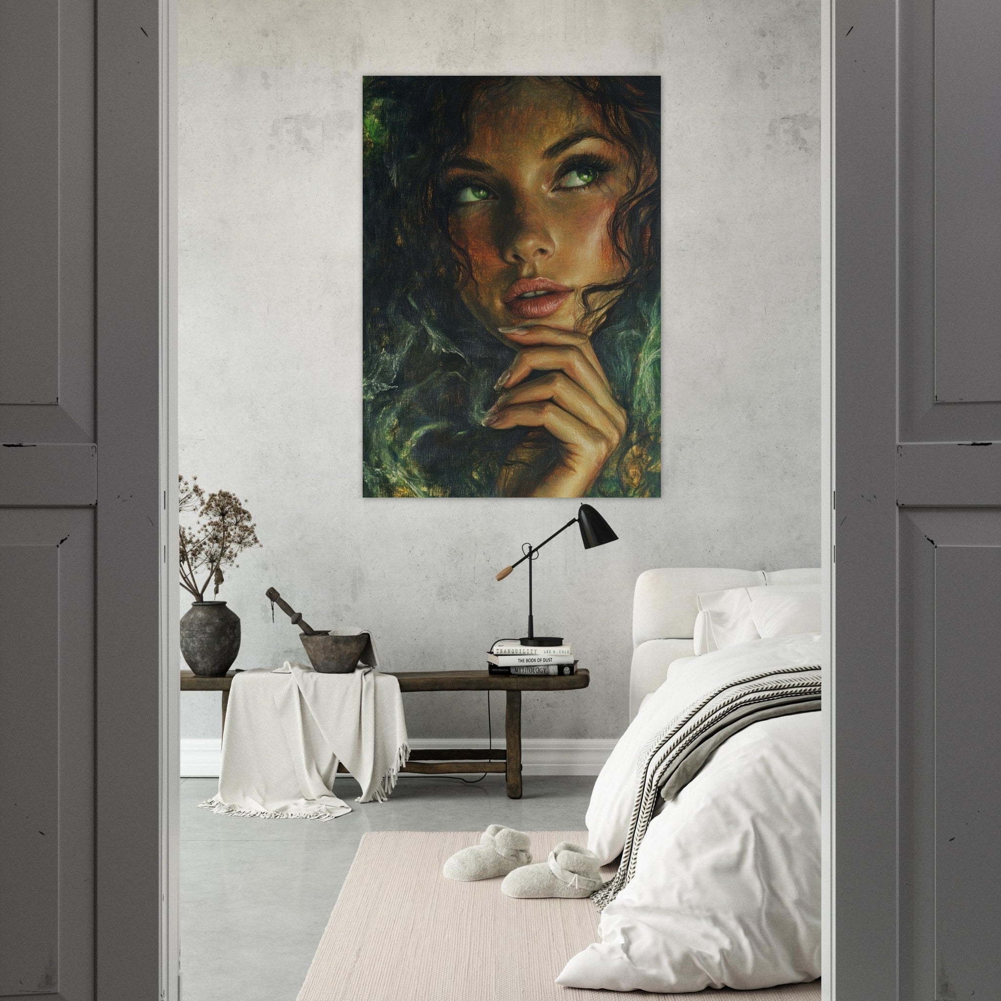 Fine Art Poster Portrait - The Fae Sorceress of the Emerald Woods Oil Faint 3 - Shop Ai Art WebShop - Digital Art online Store