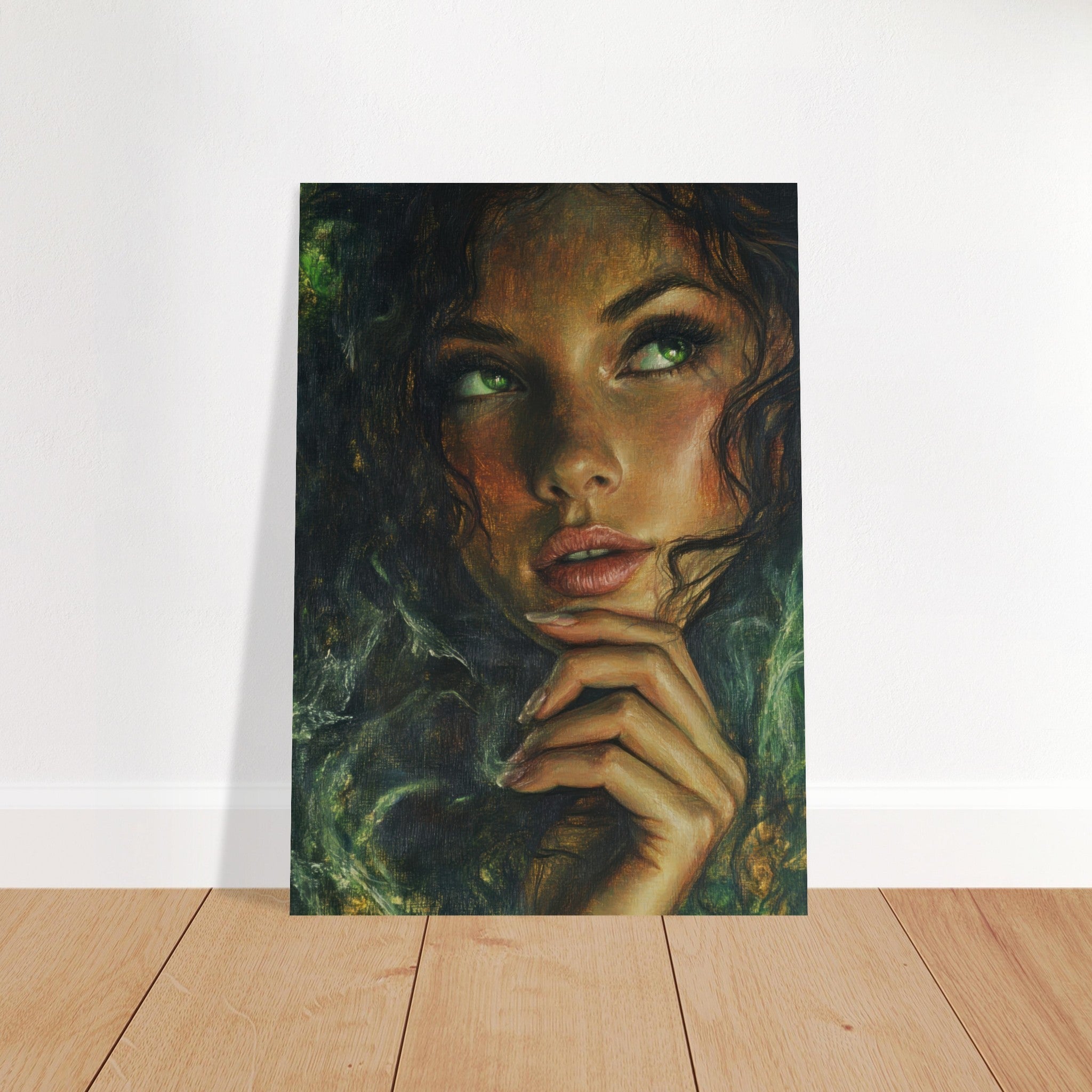 Fine Art Poster Portrait - The Fae Sorceress of the Emerald Woods Oil Faint 3 - Shop Ai Art WebShop - Digital Art online Store