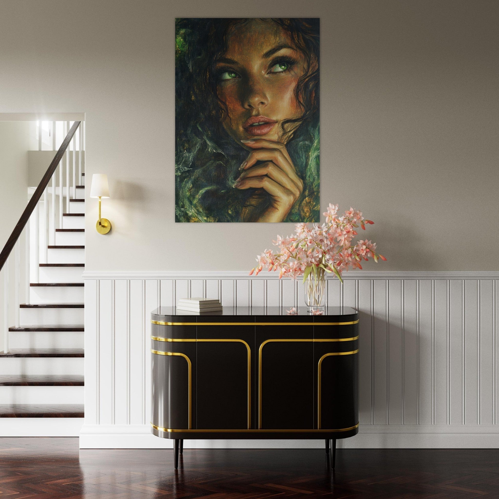 Fine Art Poster Portrait - The Fae Sorceress of the Emerald Woods Oil Faint 3 - Shop Ai Art WebShop - Digital Art online Store