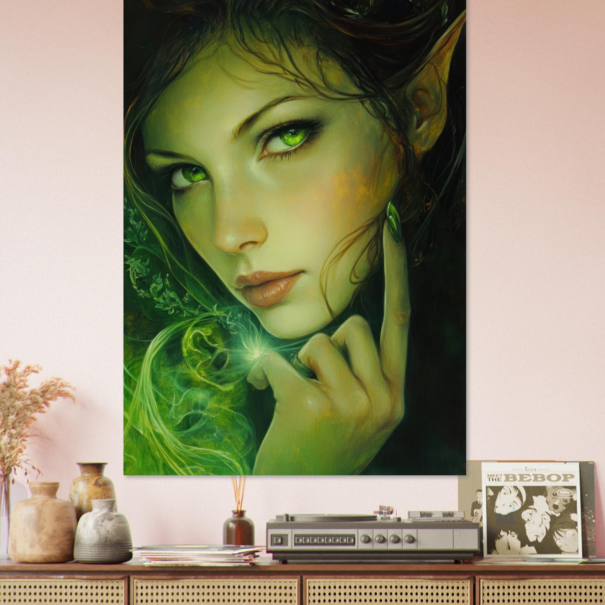 Fine Art Poster Portrait - The Fae Sorceress of the Emerald Woods Oil Faint - Shop Ai Art WebShop - Digital Art online Store