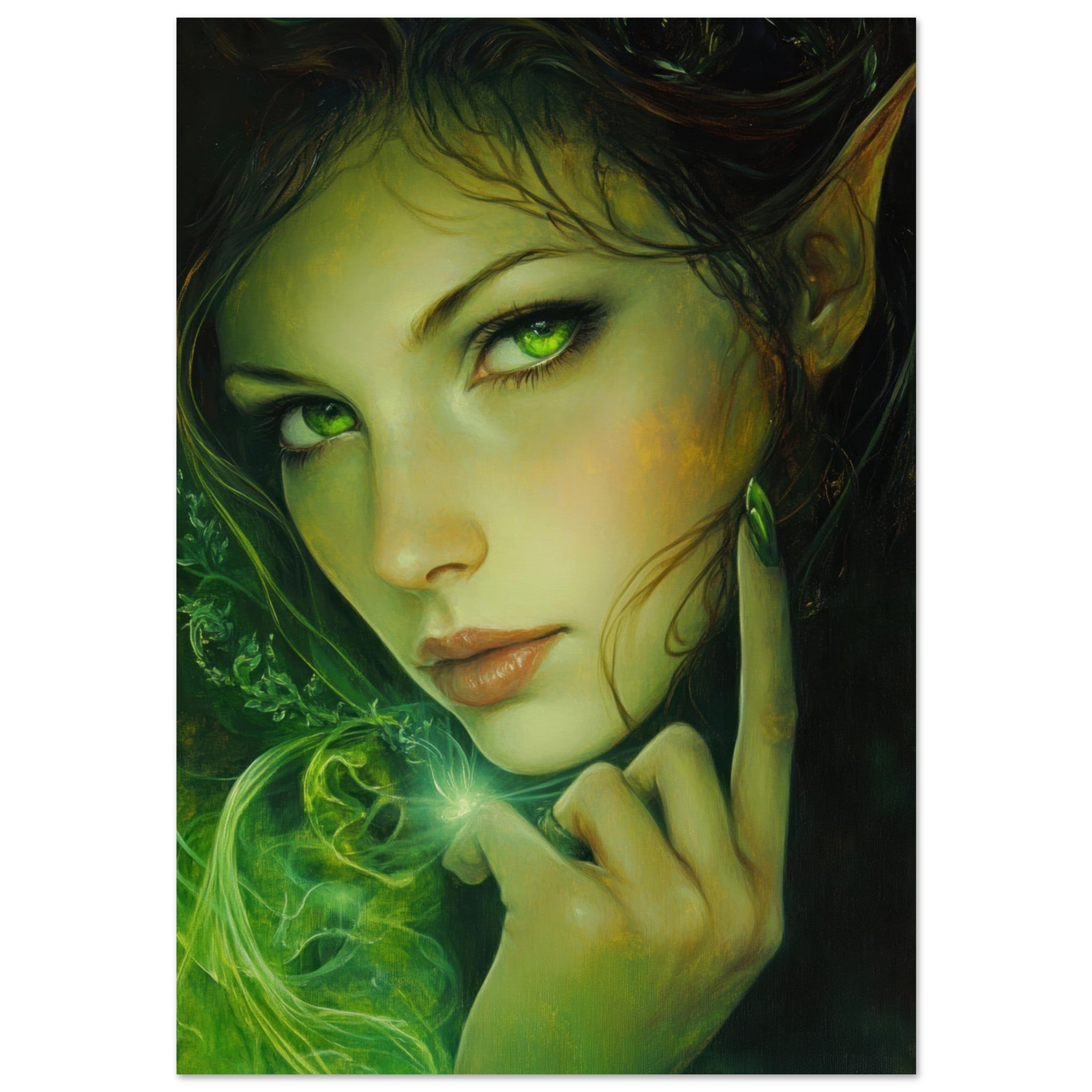Fine Art Poster Portrait - The Fae Sorceress of the Emerald Woods Oil Faint - Shop Ai Art WebShop - Digital Art online Store