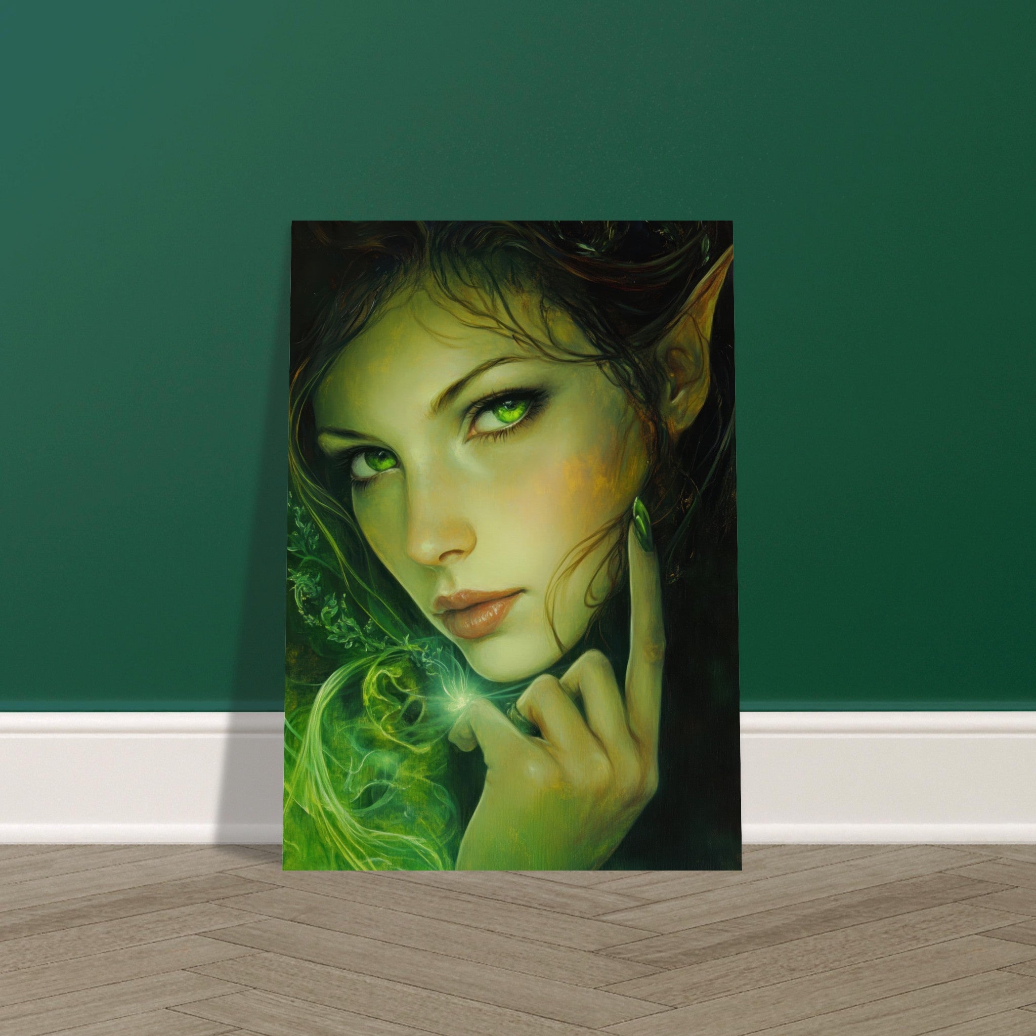 Fine Art Poster Portrait - The Fae Sorceress of the Emerald Woods Oil Faint - Shop Ai Art WebShop - Digital Art online Store