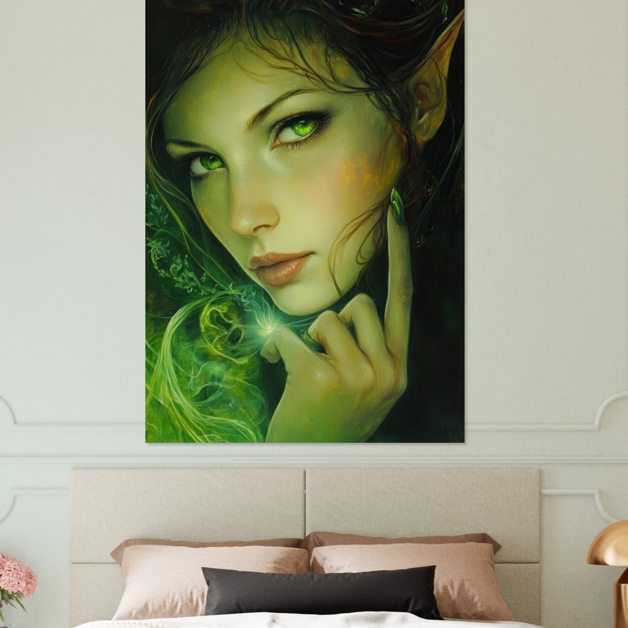 Fine Art Poster Portrait - The Fae Sorceress of the Emerald Woods Oil Faint - Shop Ai Art WebShop - Digital Art online Store