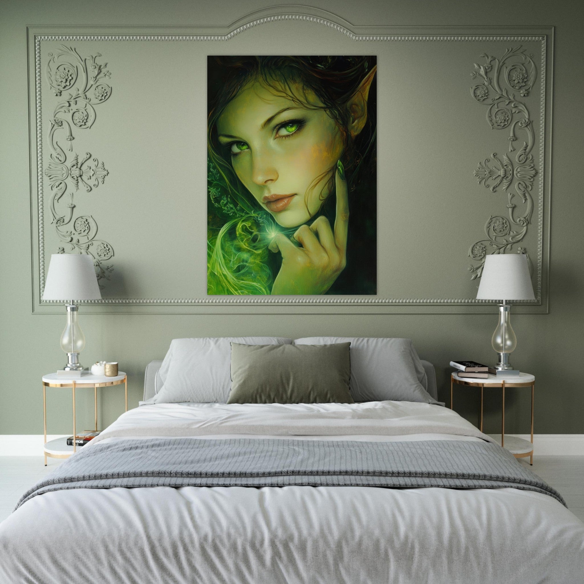 Fine Art Poster Portrait - The Fae Sorceress of the Emerald Woods Oil Faint - Shop Ai Art WebShop - Digital Art online Store