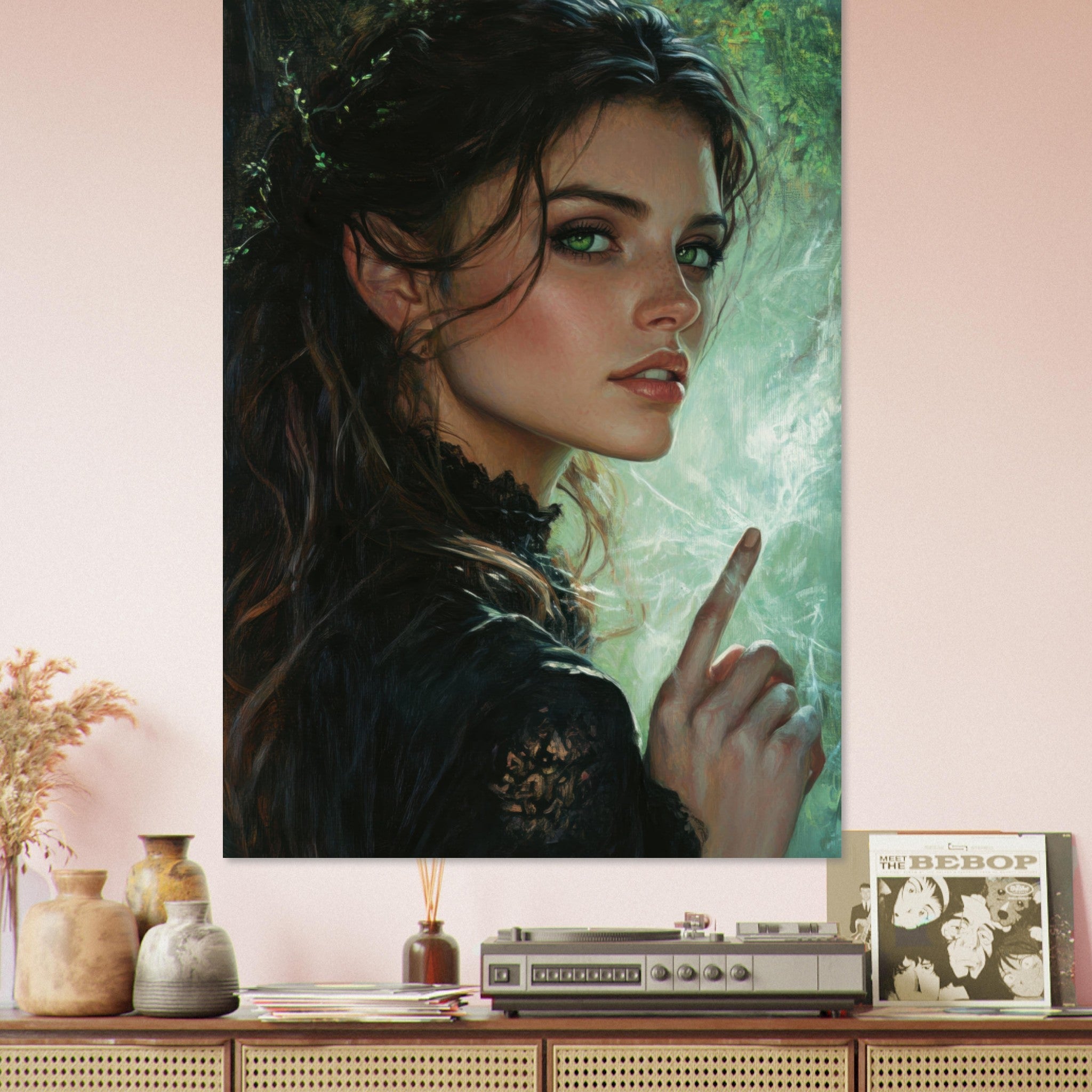 Fine Art Poster Portrait - The Fae Sorceress of the Emerald Woods Oil Faint 6 - Shop Ai Art WebShop - Digital Art online Store