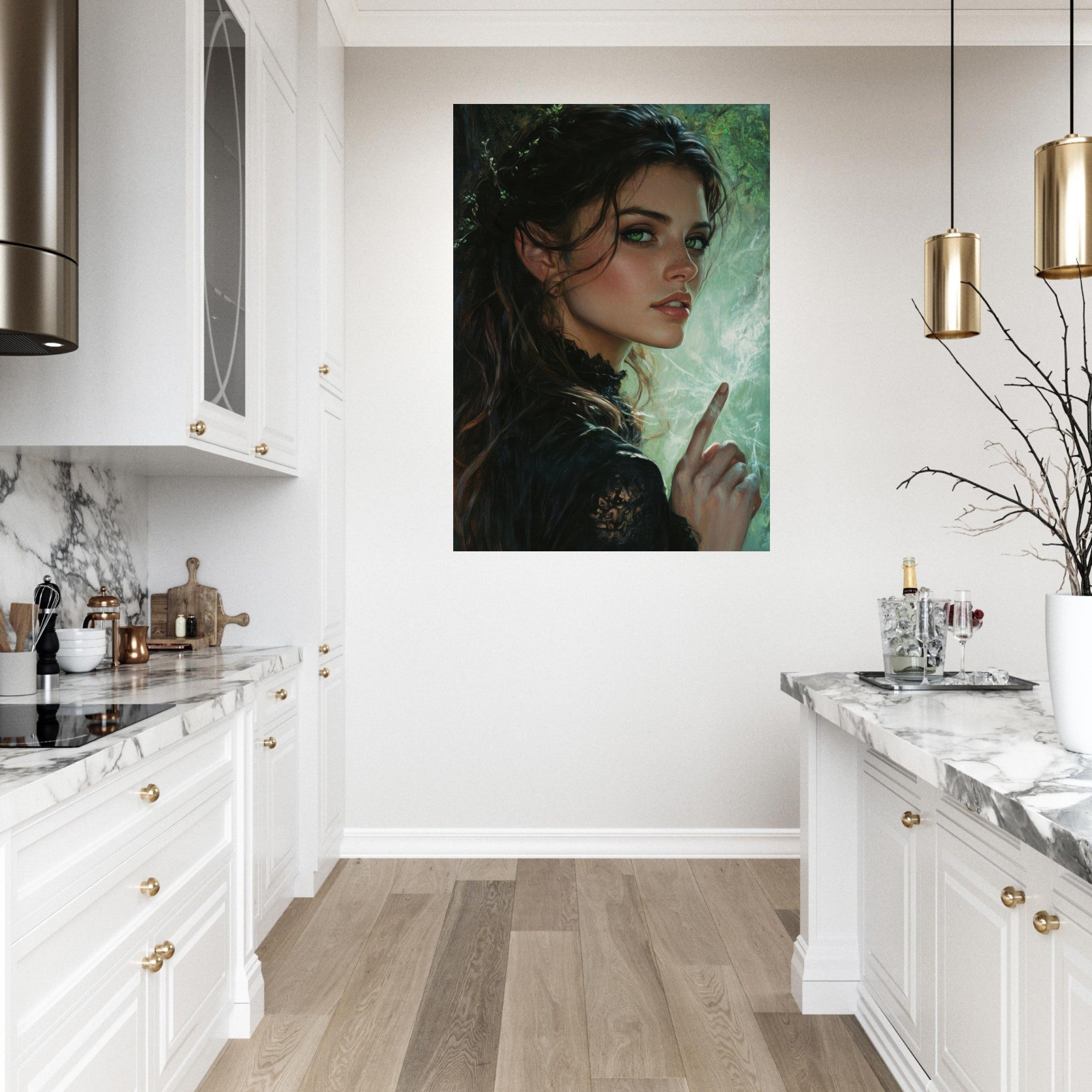 Fine Art Poster Portrait - The Fae Sorceress of the Emerald Woods Oil Faint 6 - Shop Ai Art WebShop - Digital Art online Store