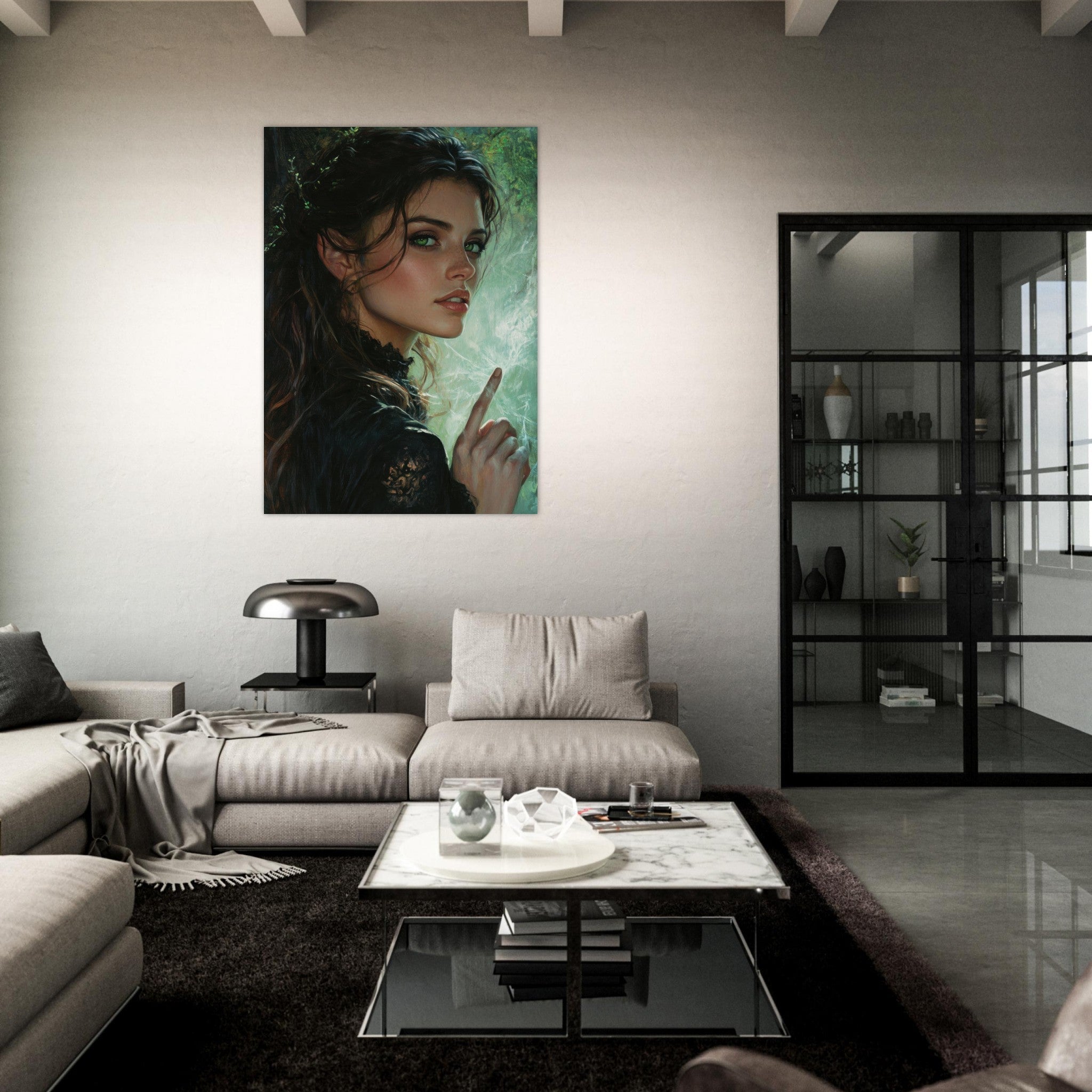 Fine Art Poster Portrait - The Fae Sorceress of the Emerald Woods Oil Faint 6 - Shop Ai Art WebShop - Digital Art online Store