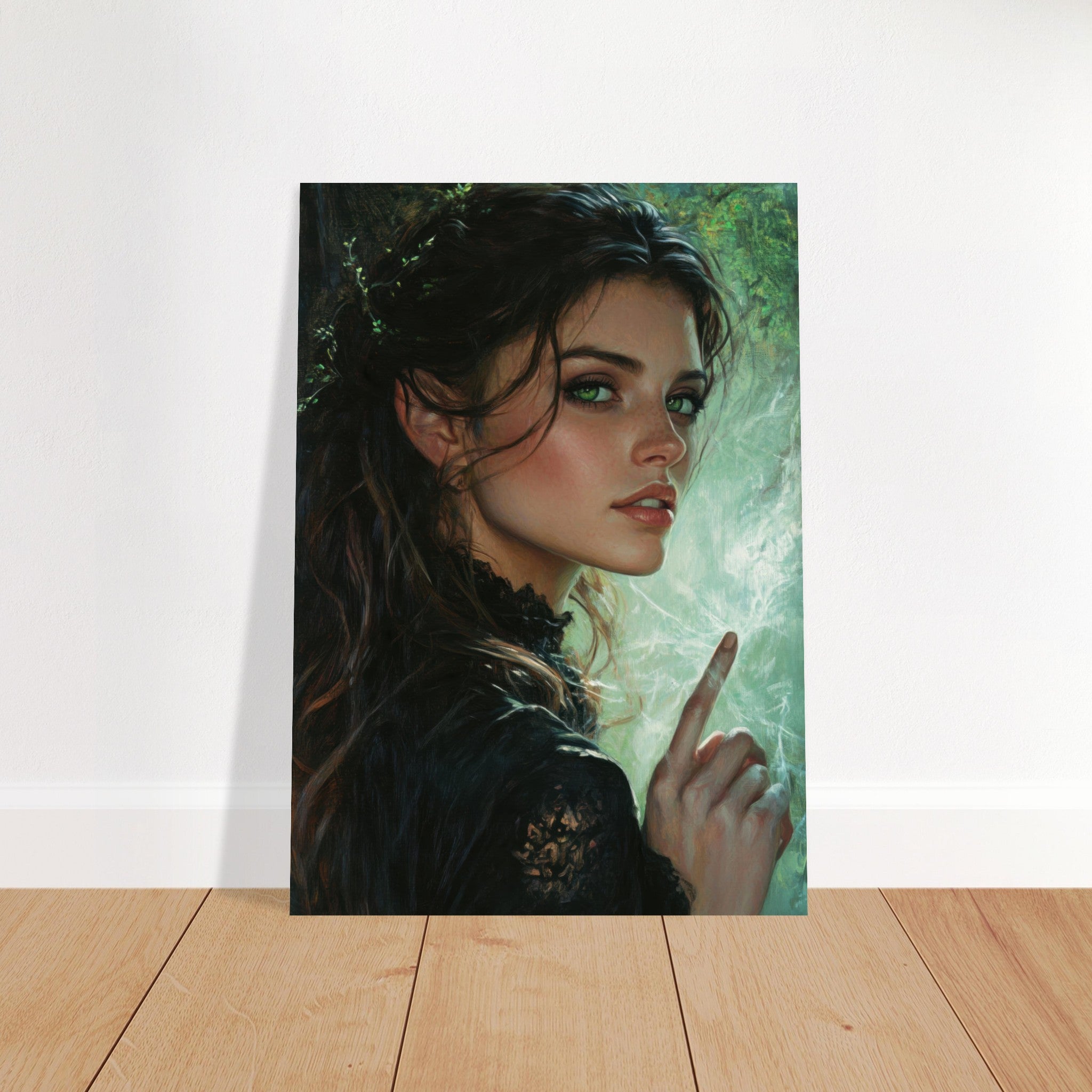 Fine Art Poster Portrait - The Fae Sorceress of the Emerald Woods Oil Faint 6 - Shop Ai Art WebShop - Digital Art online Store