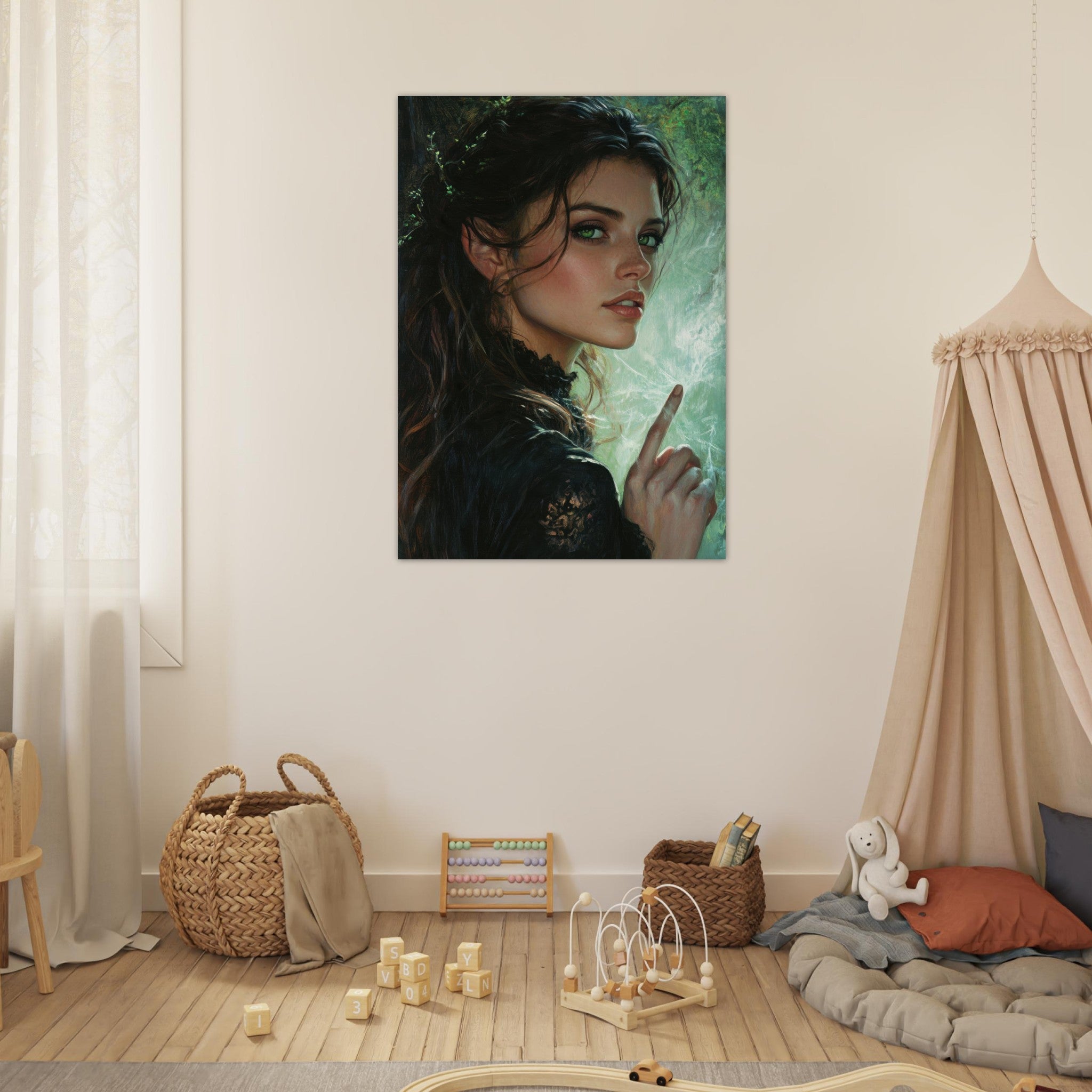 Fine Art Poster Portrait - The Fae Sorceress of the Emerald Woods Oil Faint 6 - Shop Ai Art WebShop - Digital Art online Store