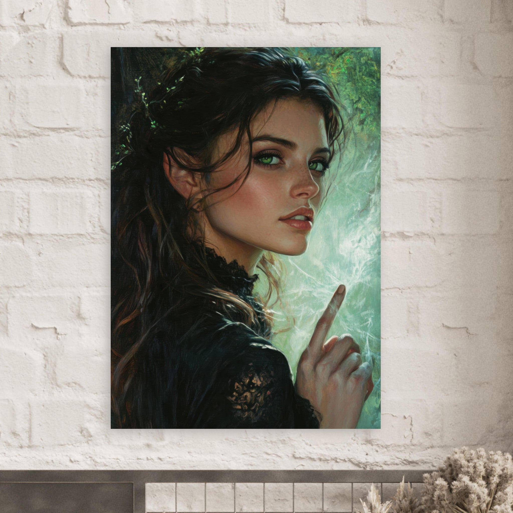 Fine Art Poster Portrait - The Fae Sorceress of the Emerald Woods Oil Faint 6 - Shop Ai Art WebShop - Digital Art online Store