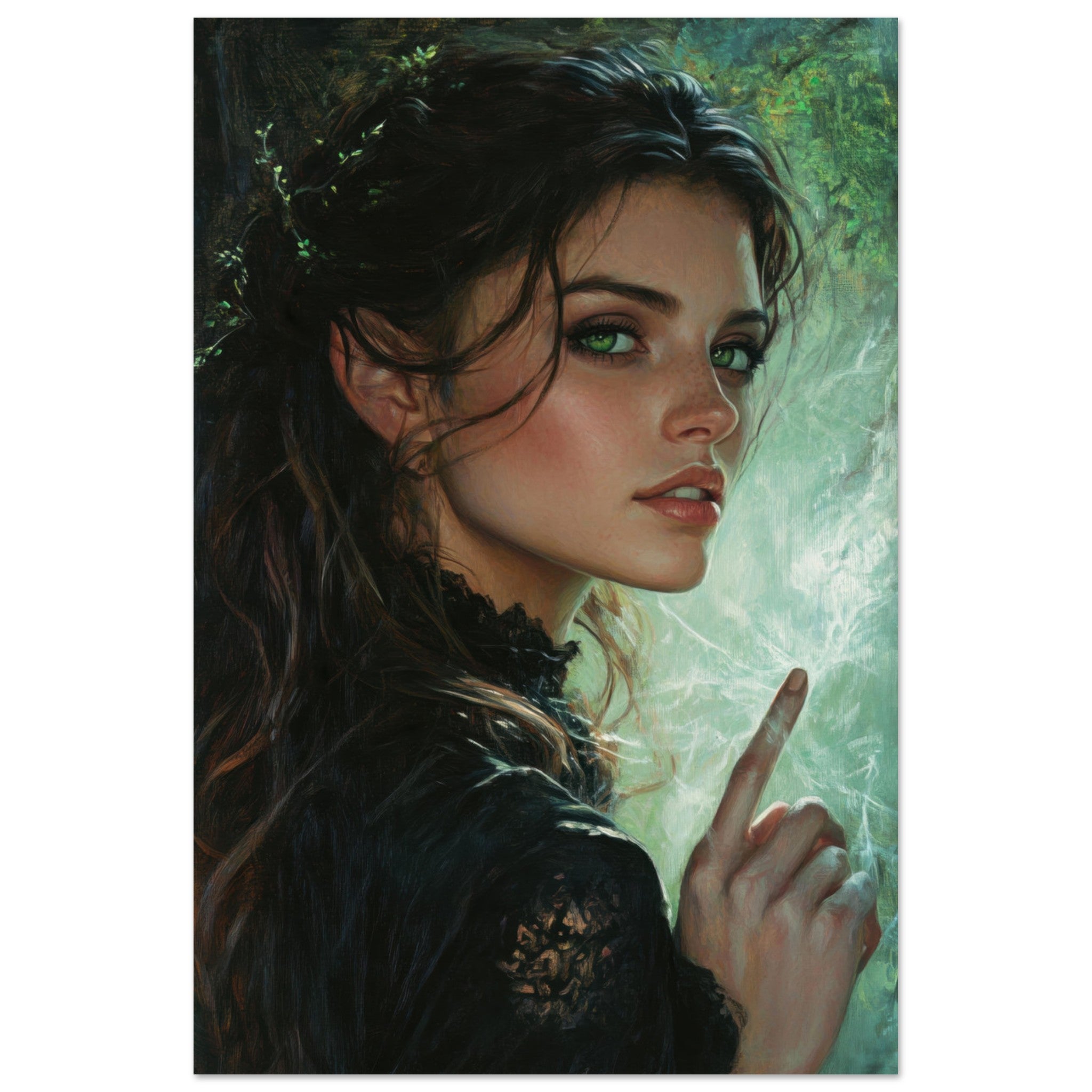 Fine Art Poster Portrait - The Fae Sorceress of the Emerald Woods Oil Faint 6 - Shop Ai Art WebShop - Digital Art online Store