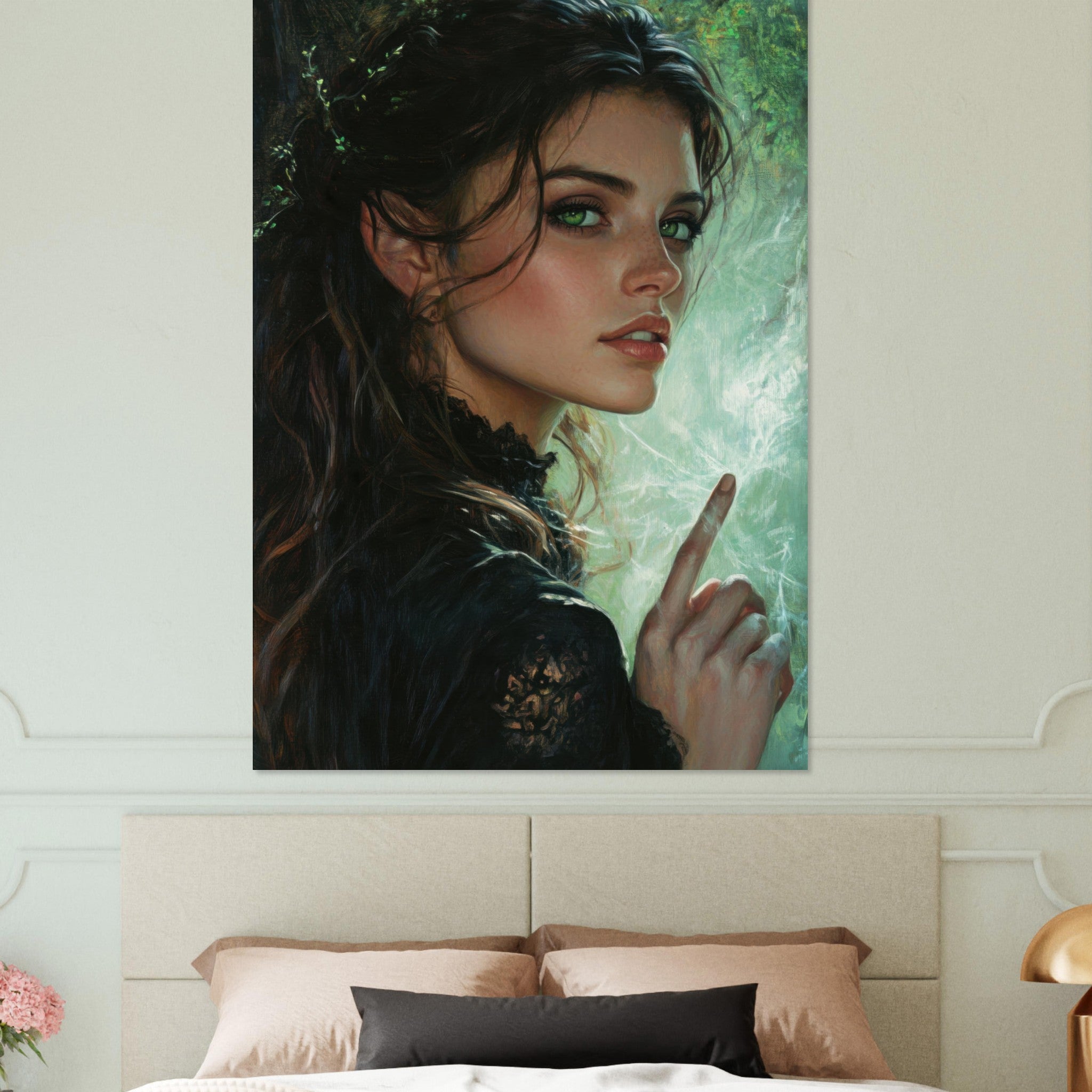 Fine Art Poster Portrait - The Fae Sorceress of the Emerald Woods Oil Faint 6 - Shop Ai Art WebShop - Digital Art online Store