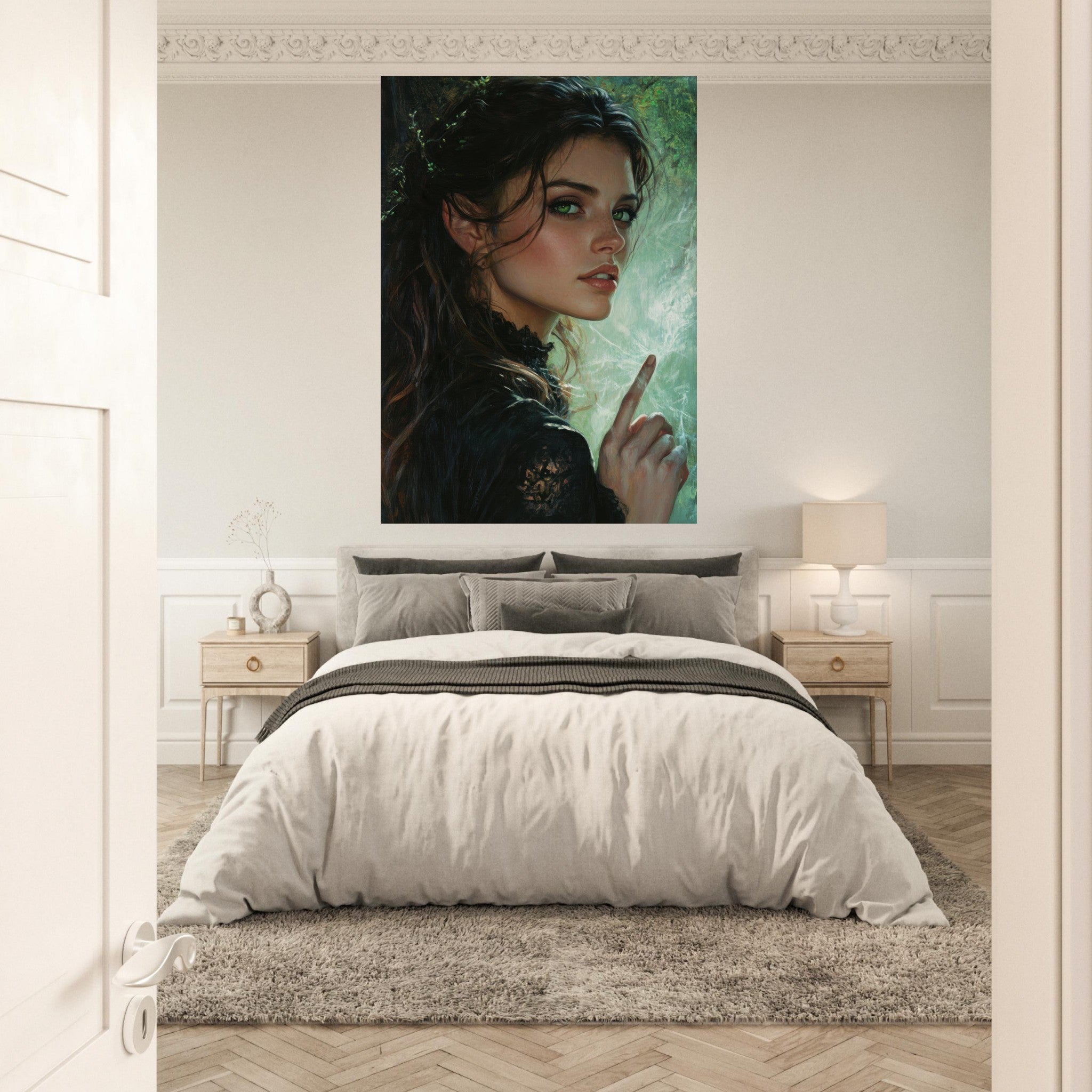 Fine Art Poster Portrait - The Fae Sorceress of the Emerald Woods Oil Faint 6 - Shop Ai Art WebShop - Digital Art online Store