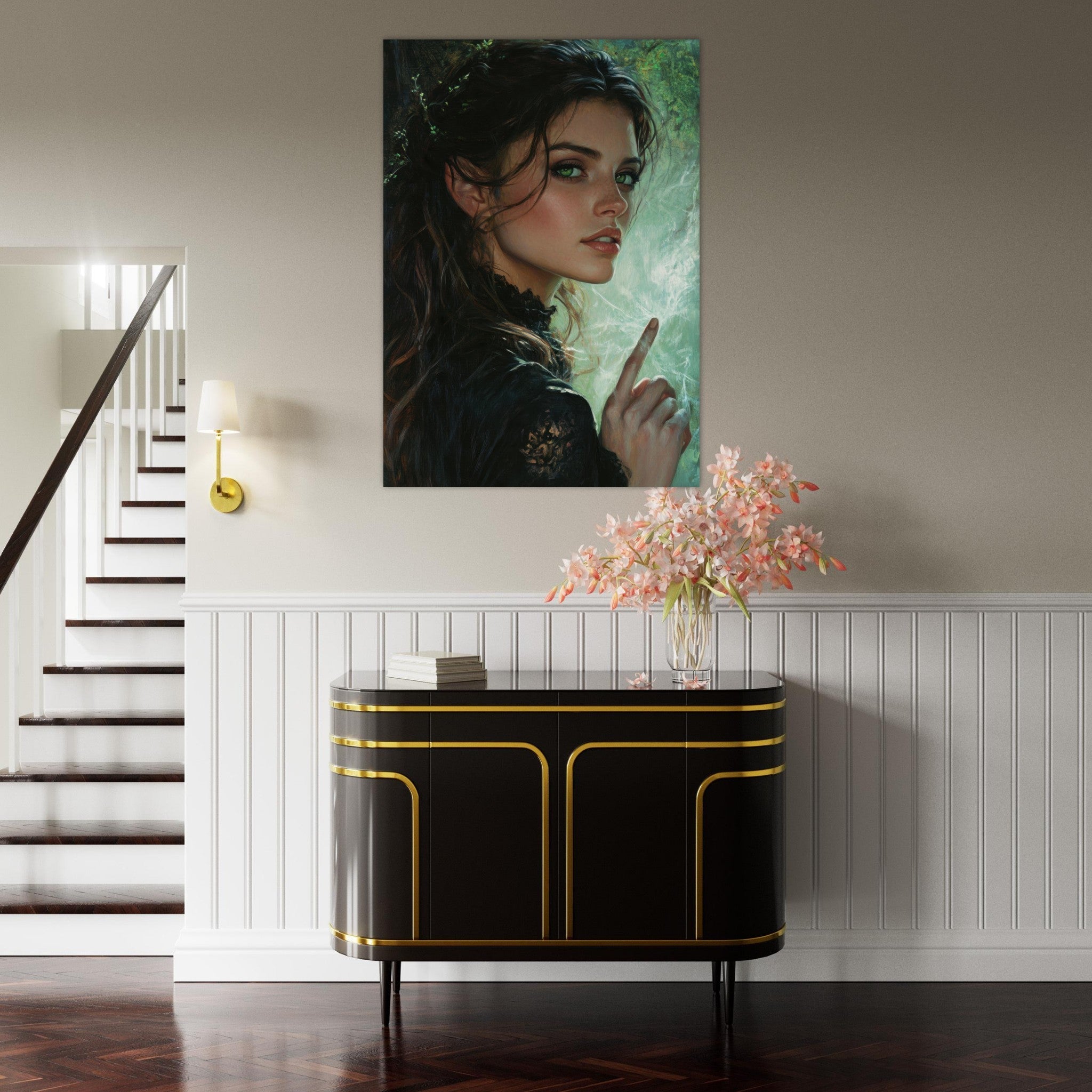 Fine Art Poster Portrait - The Fae Sorceress of the Emerald Woods Oil Faint 6 - Shop Ai Art WebShop - Digital Art online Store