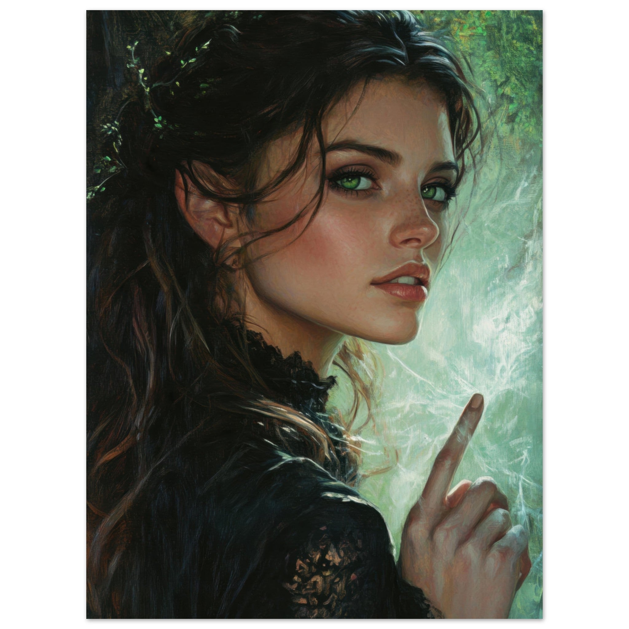 Fine Art Poster Portrait - The Fae Sorceress of the Emerald Woods Oil Faint 6 - Shop Ai Art WebShop - Digital Art online Store