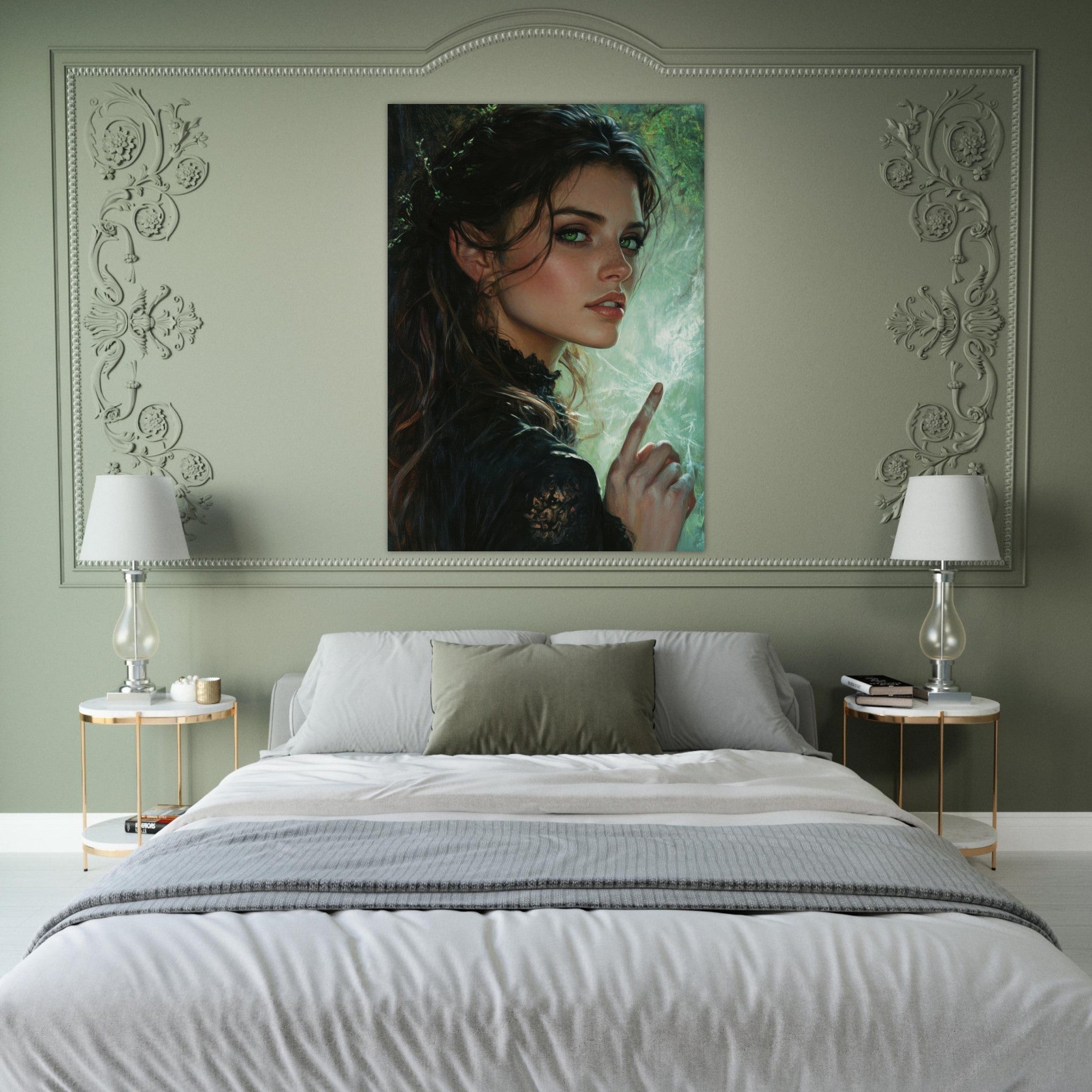Fine Art Poster Portrait - The Fae Sorceress of the Emerald Woods Oil Faint 6 - Shop Ai Art WebShop - Digital Art online Store
