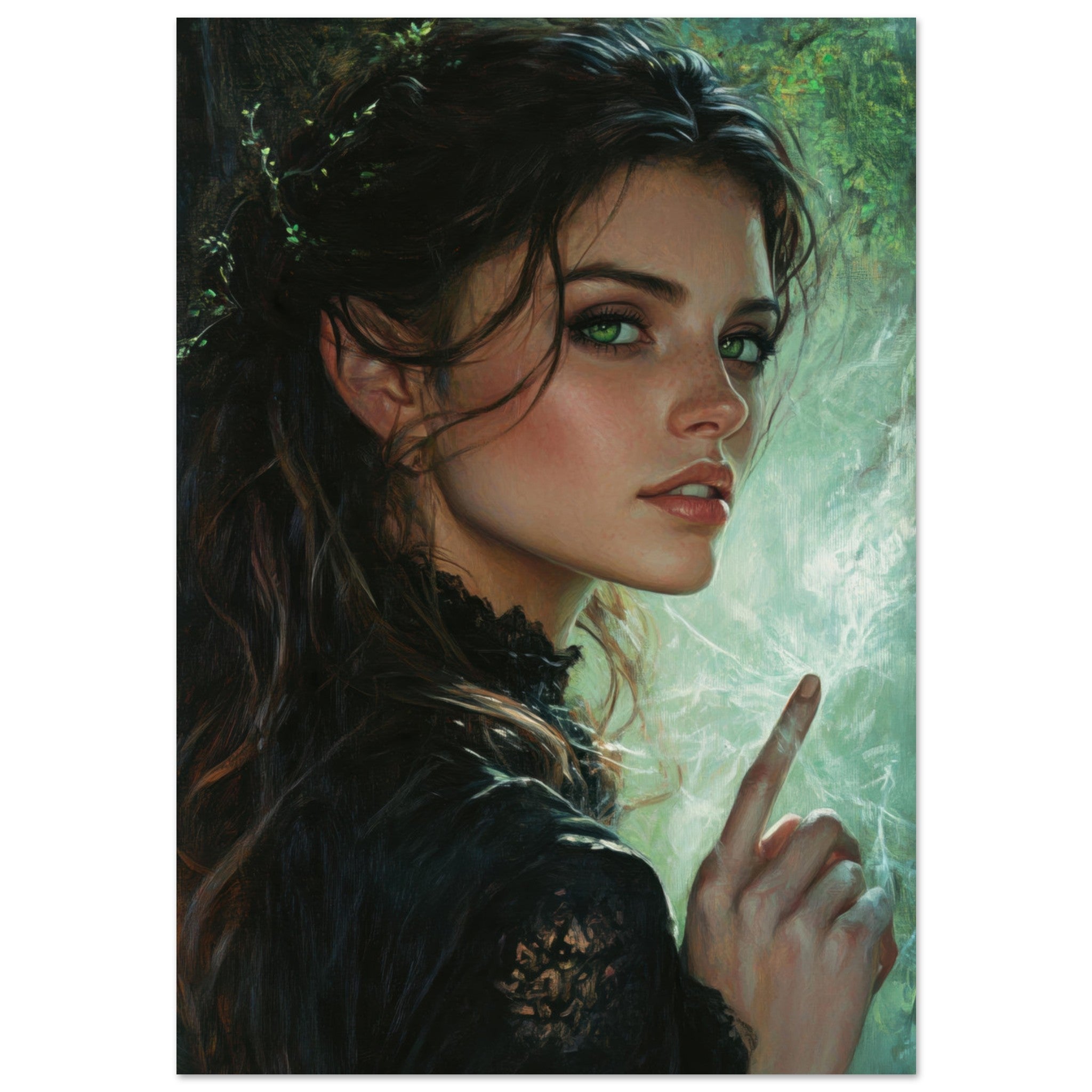 Fine Art Poster Portrait - The Fae Sorceress of the Emerald Woods Oil Faint 6 - Shop Ai Art WebShop - Digital Art online Store