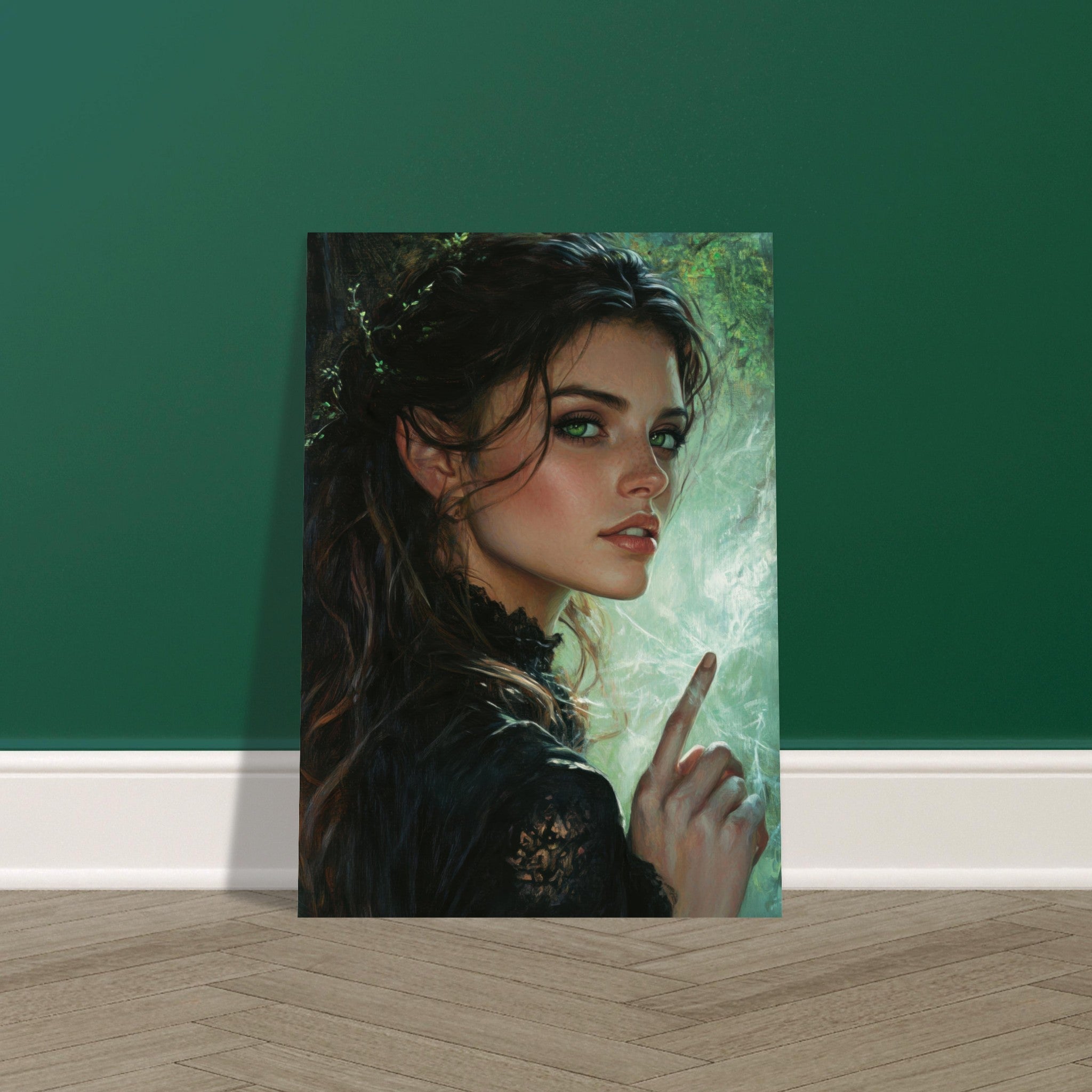 Fine Art Poster Portrait - The Fae Sorceress of the Emerald Woods Oil Faint 6 - Shop Ai Art WebShop - Digital Art online Store