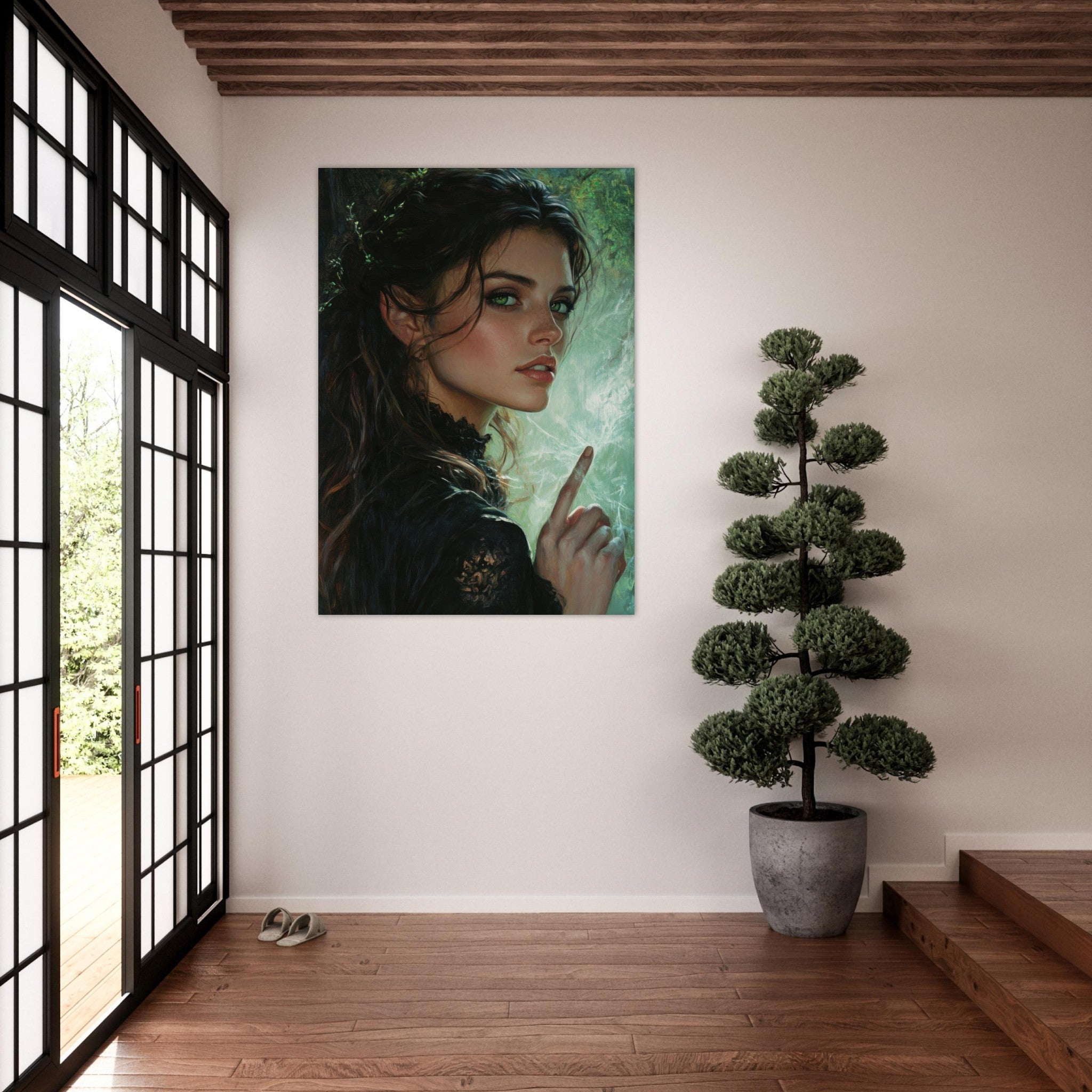 Fine Art Poster Portrait - The Fae Sorceress of the Emerald Woods Oil Faint 6 - Shop Ai Art WebShop - Digital Art online Store