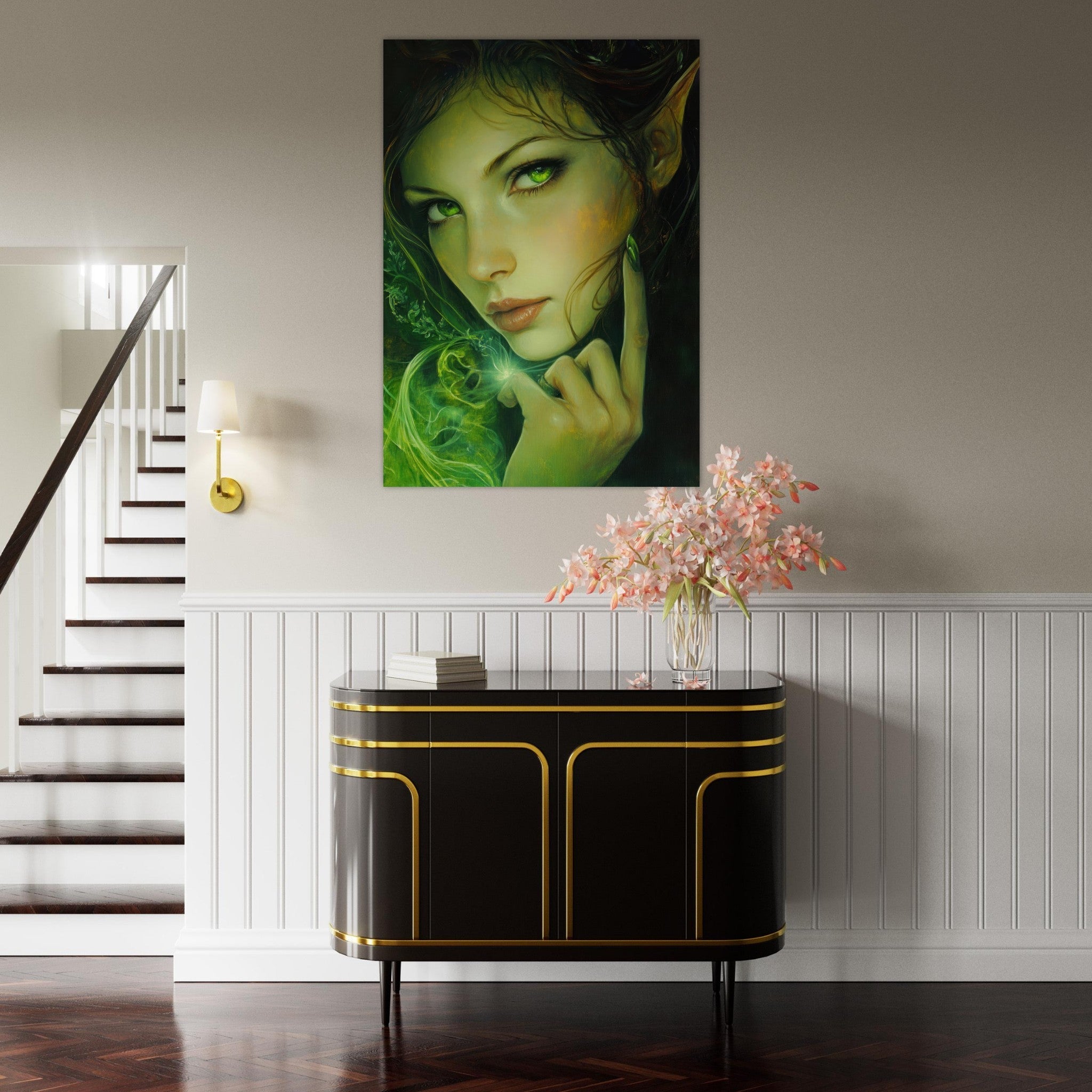 Fine Art Poster Portrait - The Fae Sorceress of the Emerald Woods Oil Faint - Shop Ai Art WebShop - Digital Art online Store