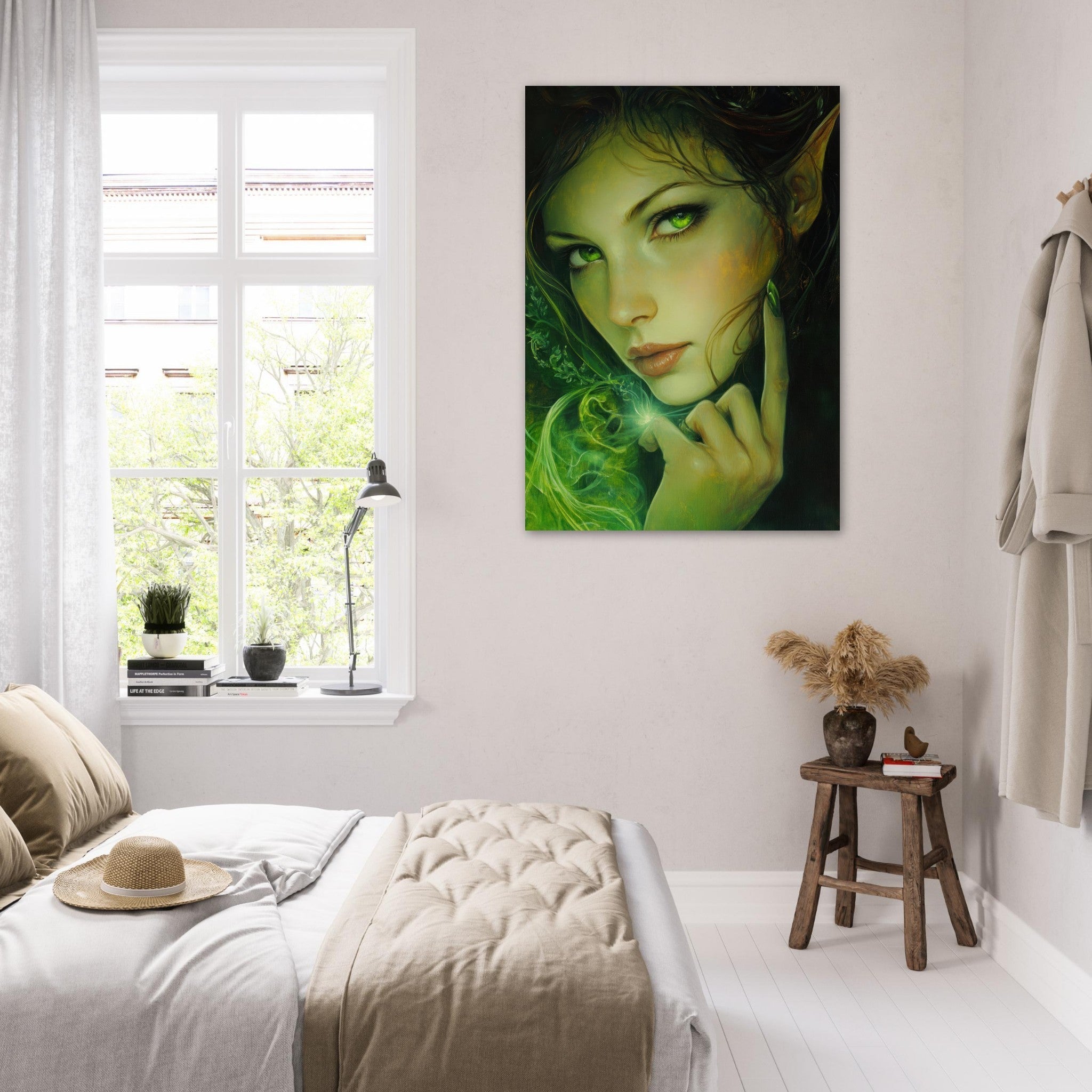 Fine Art Poster Portrait - The Fae Sorceress of the Emerald Woods Oil Faint - Shop Ai Art WebShop - Digital Art online Store