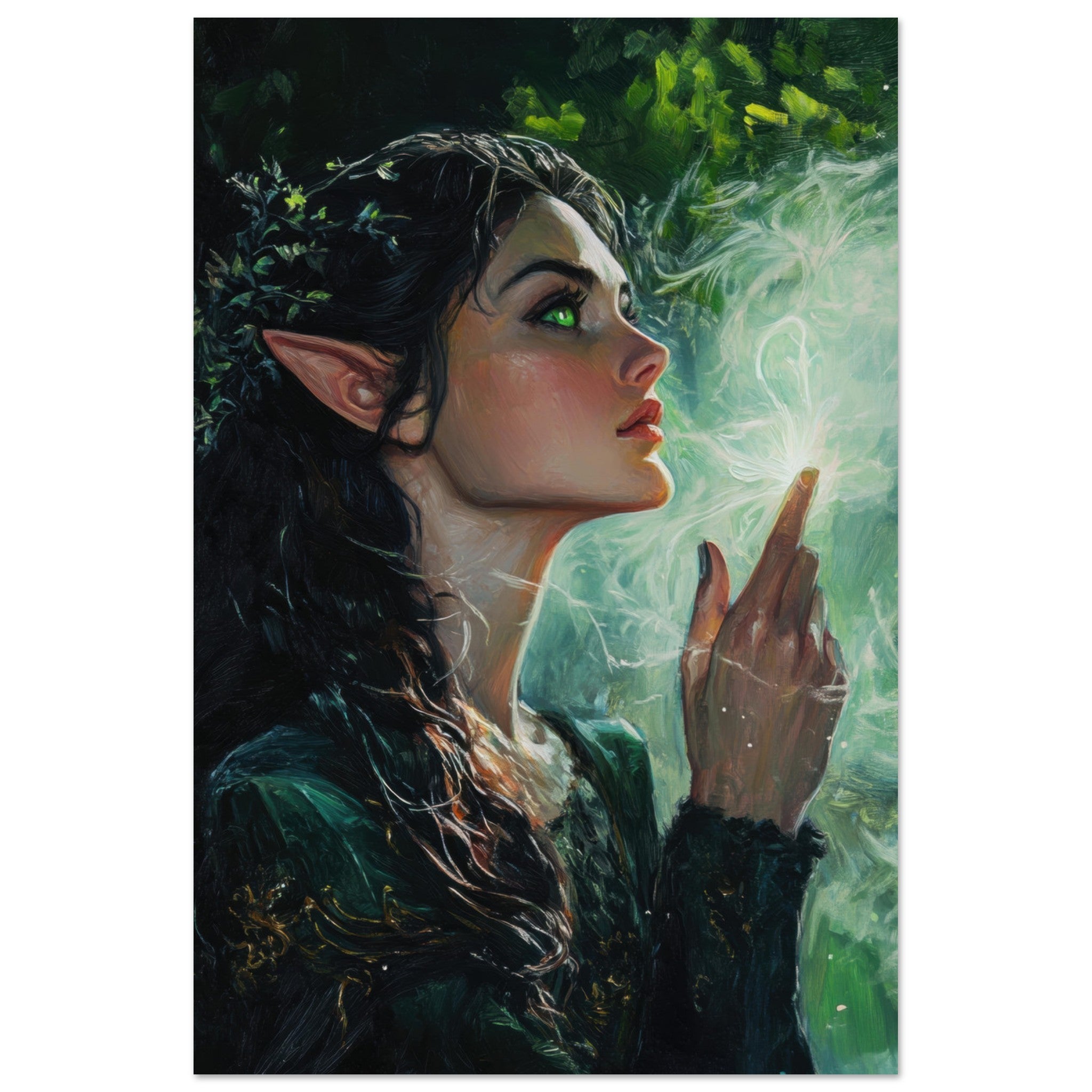 Fine Art Poster Portrait - The Fae Sorceress of the Emerald Woods Oil Faint 7 - Shop Ai Art WebShop - Digital Art online Store