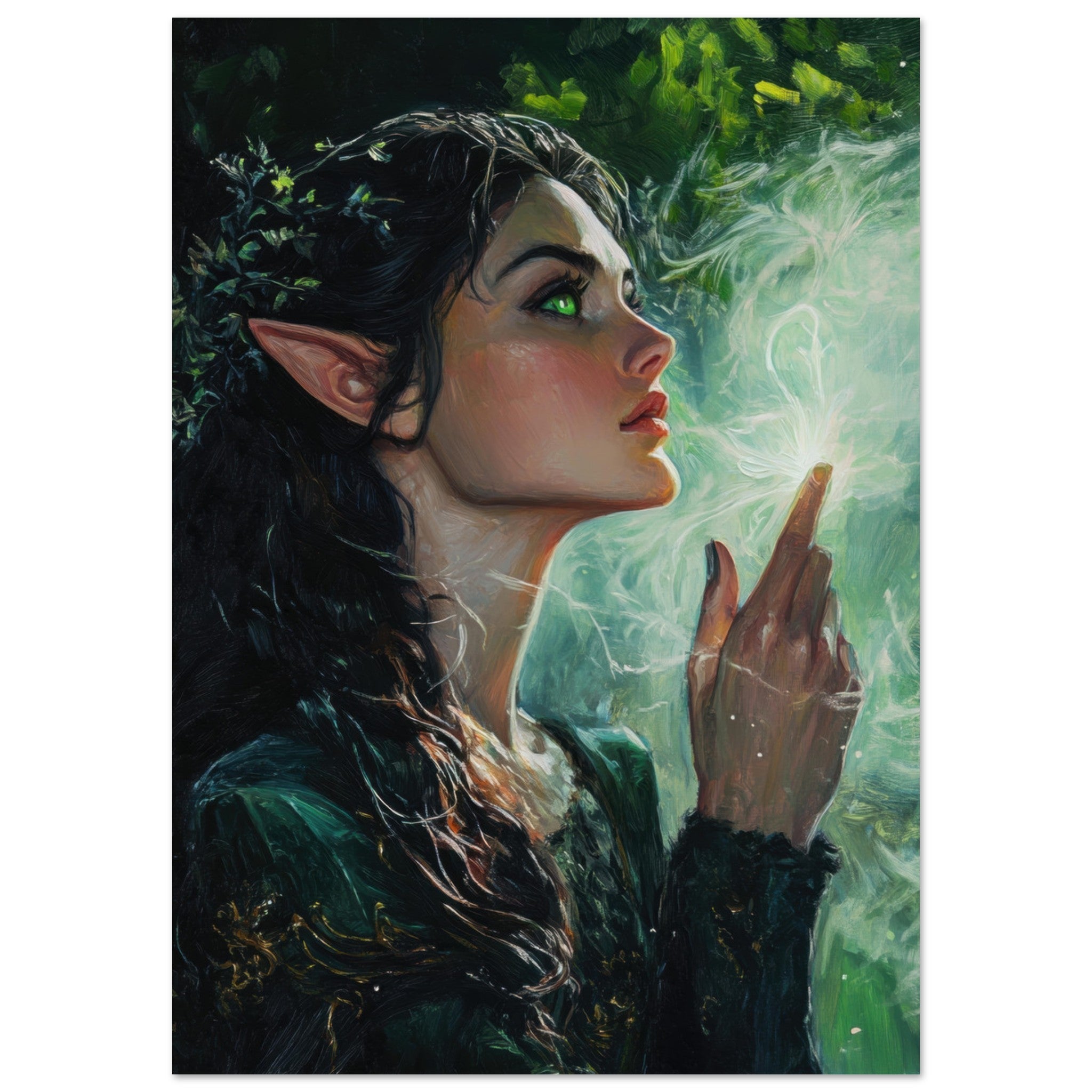 Fine Art Poster Portrait - The Fae Sorceress of the Emerald Woods Oil Faint 7 - Shop Ai Art WebShop - Digital Art online Store