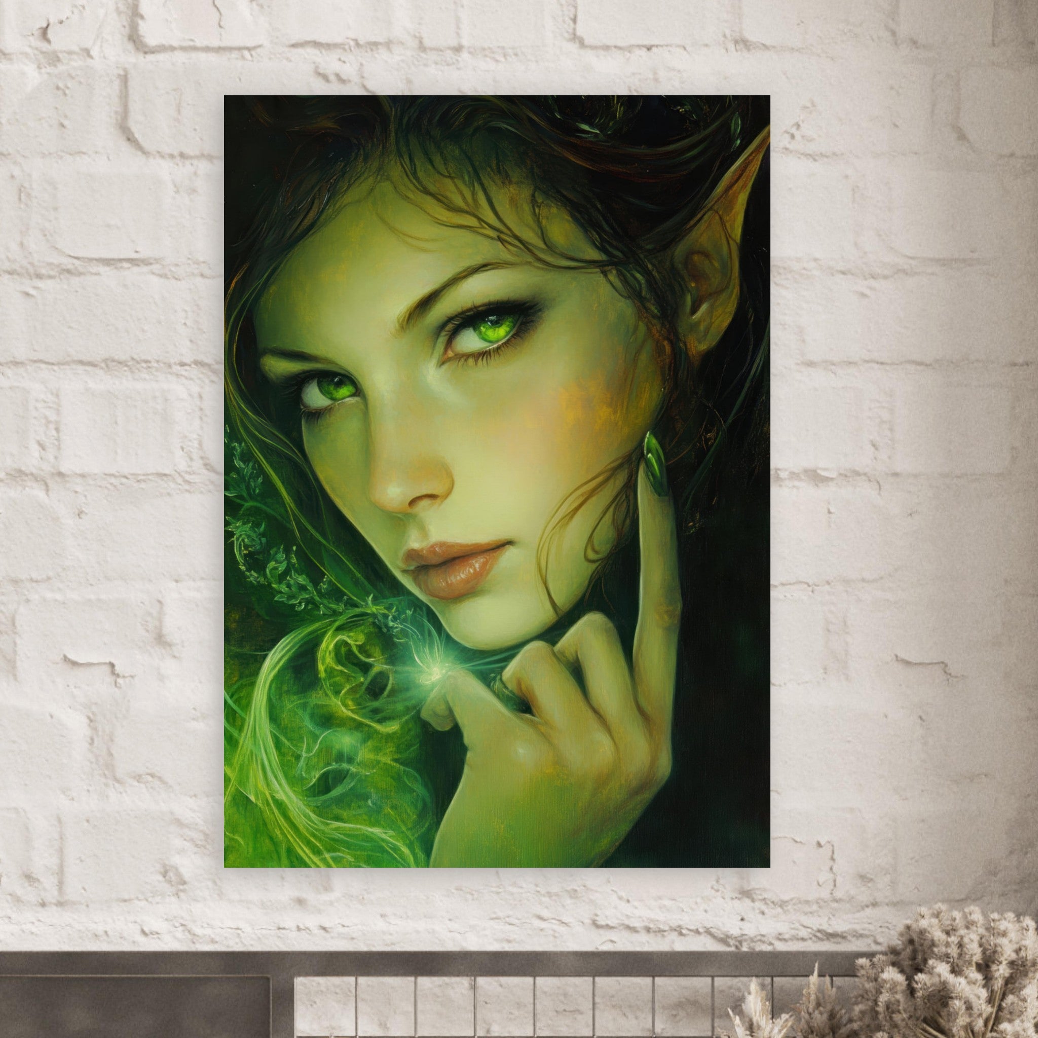 Fine Art Poster Portrait - The Fae Sorceress of the Emerald Woods Oil Faint - Shop Ai Art WebShop - Digital Art online Store