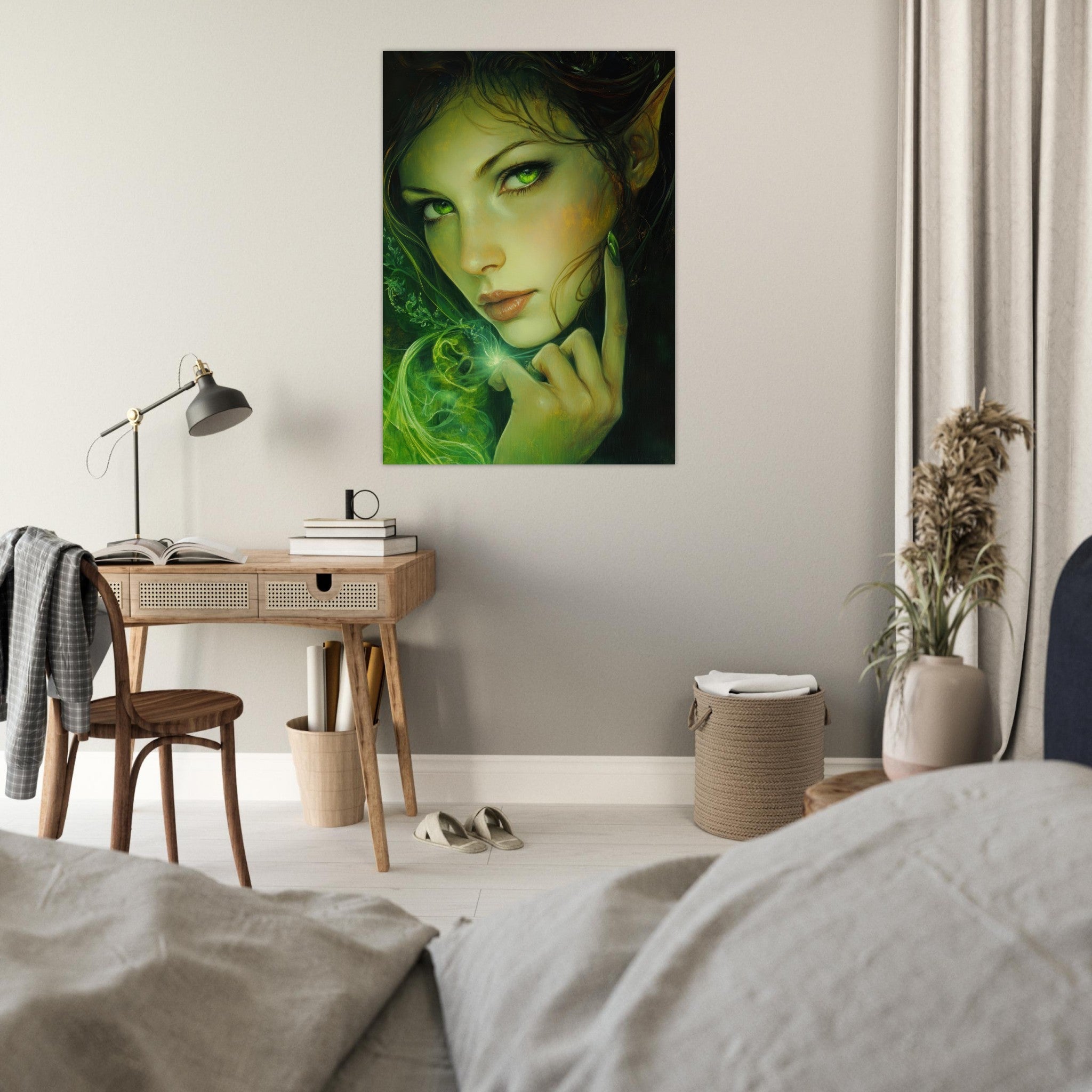 Fine Art Poster Portrait - The Fae Sorceress of the Emerald Woods Oil Faint - Shop Ai Art WebShop - Digital Art online Store