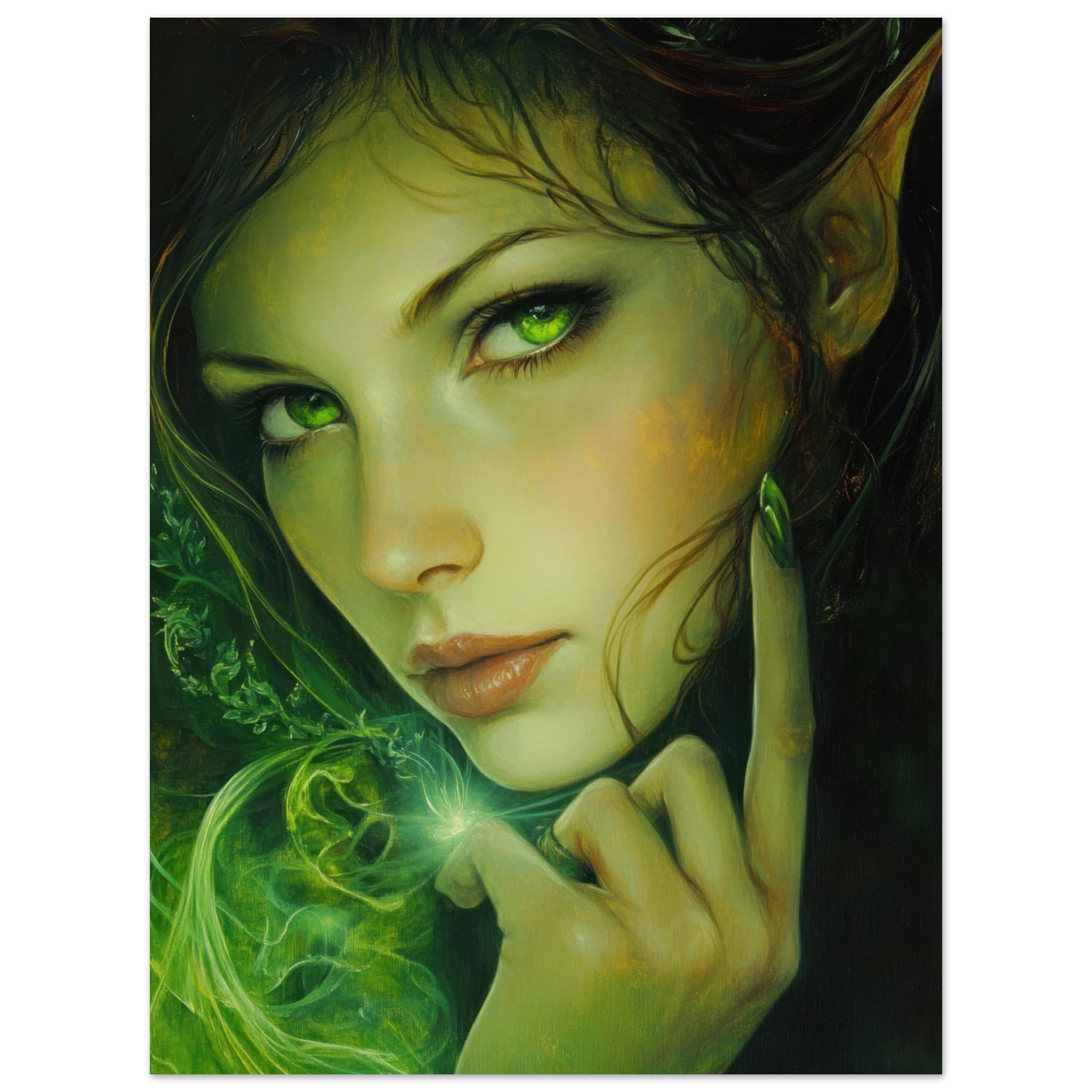 Fine Art Poster Portrait - The Fae Sorceress of the Emerald Woods Oil Faint - Shop Ai Art WebShop - Digital Art online Store